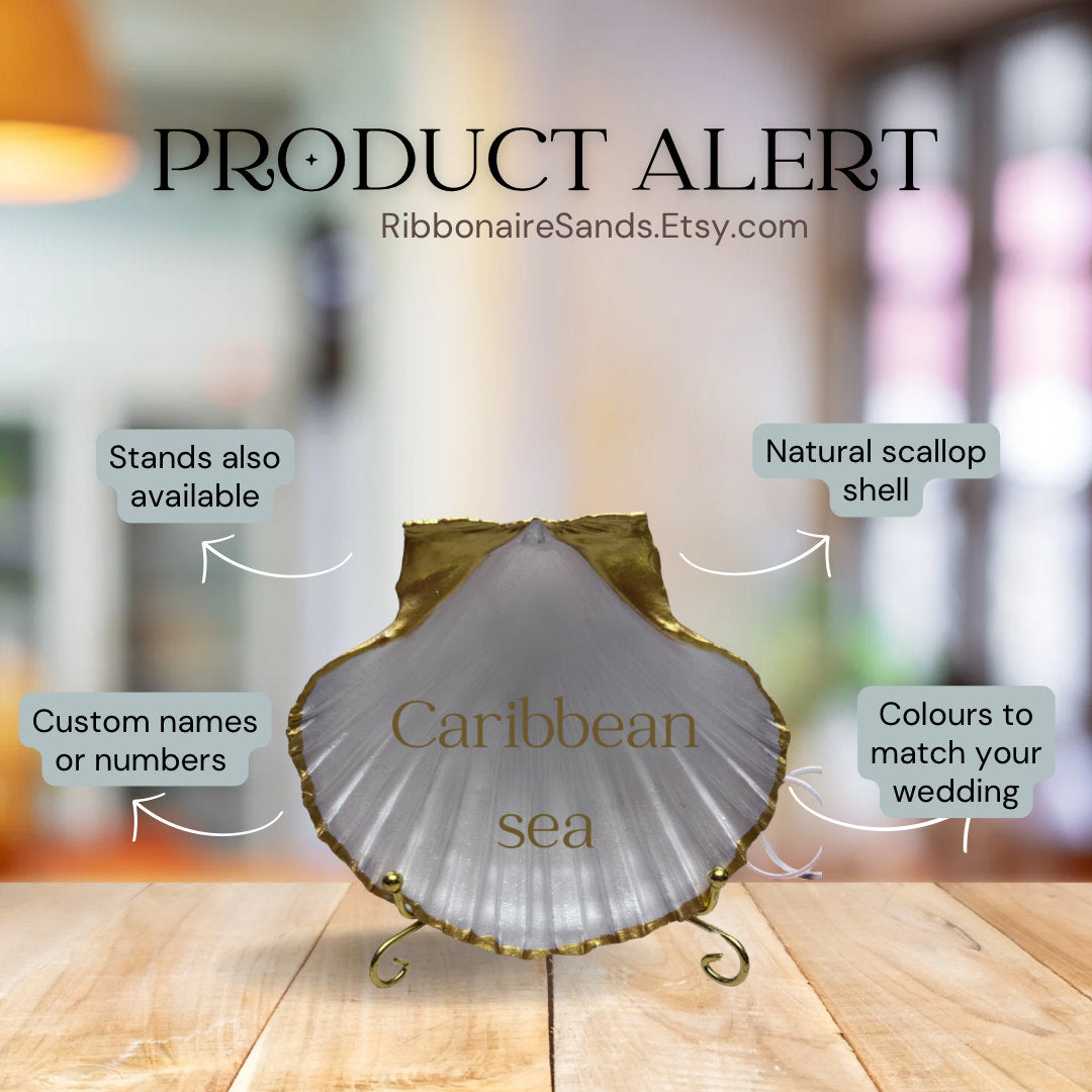 Wedding top table scallop shell. Personalised gold shell. Custom coloured beach theme table sign. Nautical signs for beach or pool party.