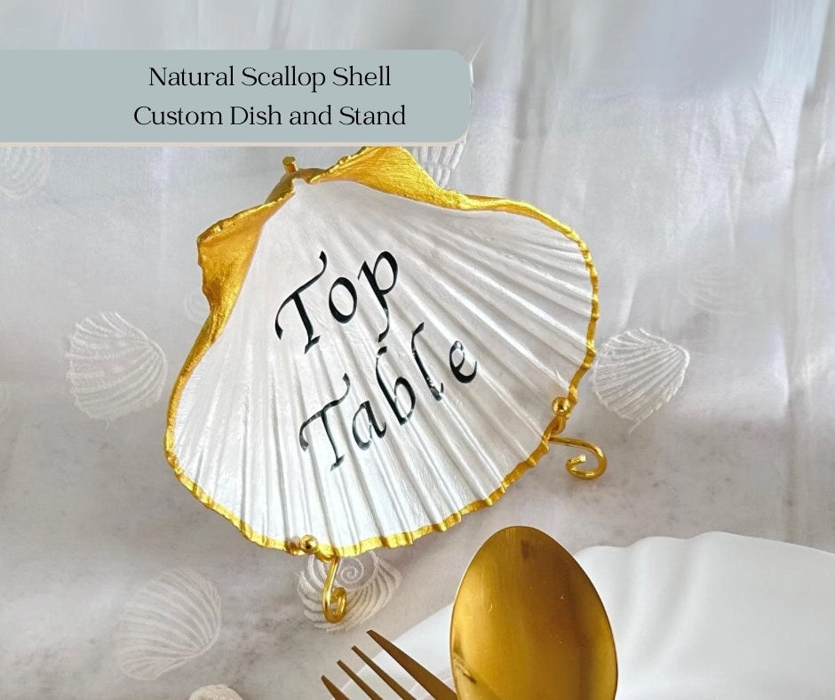 These personalised gold scallop shells are custom coloured to your event. These ocean themed signs are perfect for any event, beach wedding, pool party, coastal themed corporate event or dinner party. Customised to your party colours.