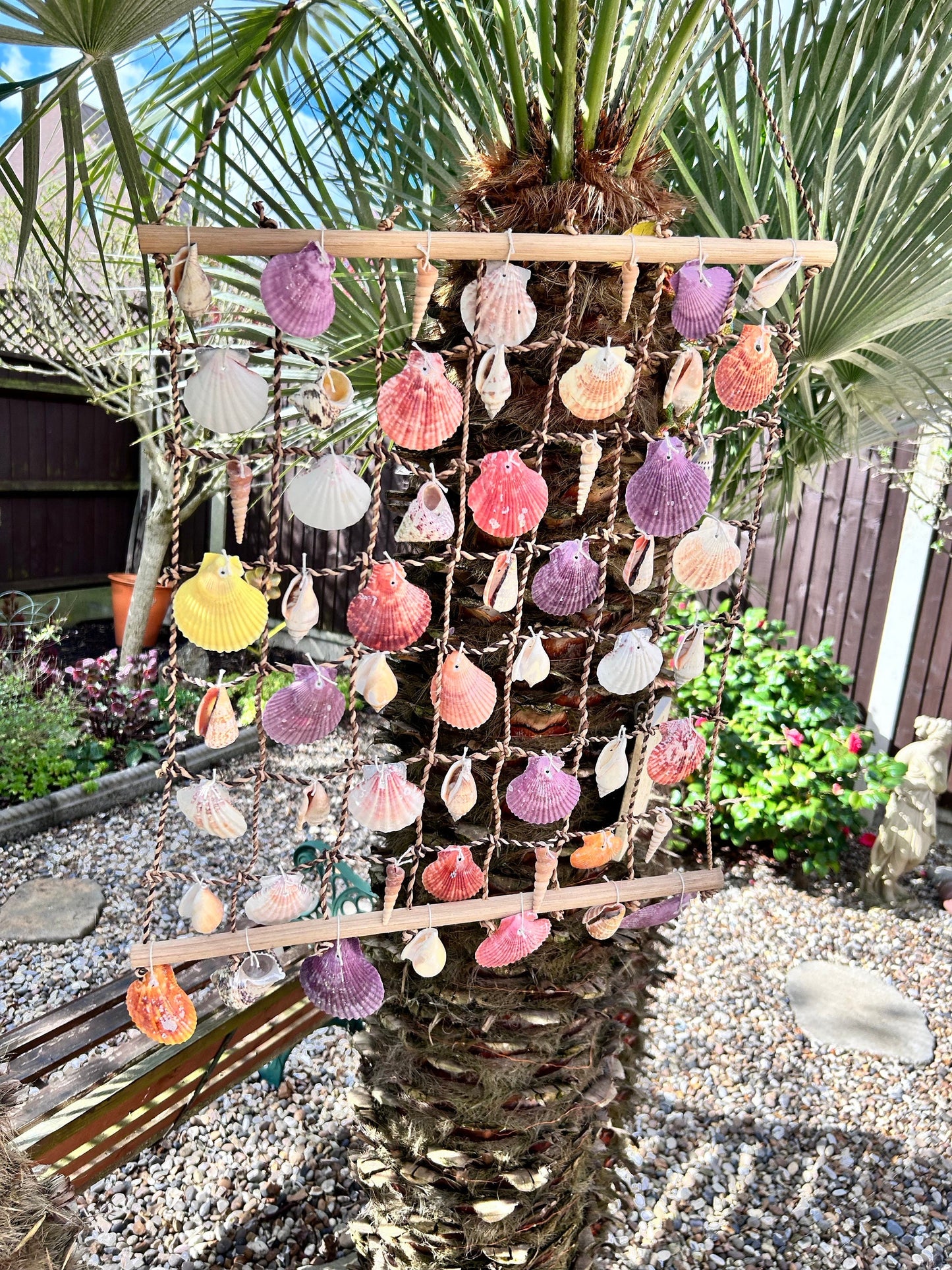 Large shell hanging garden decor. Seashell net for nautical theme decor. Coastal home wall hangings. Sun room or conservatory accessory.