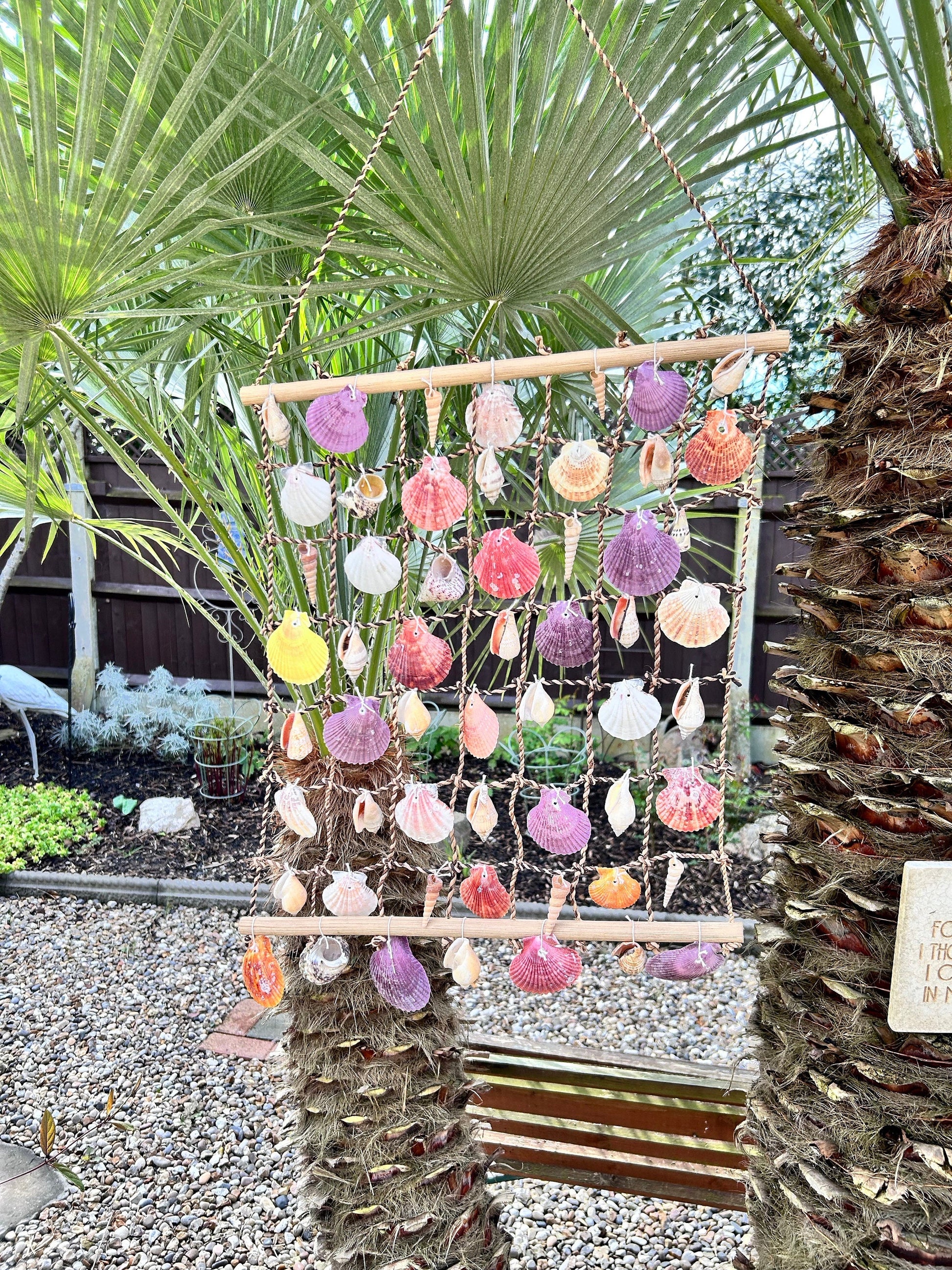 Large shell hanging garden decor. Seashell net for nautical theme decor. Coastal home wall hangings. Sun room or conservatory accessory.