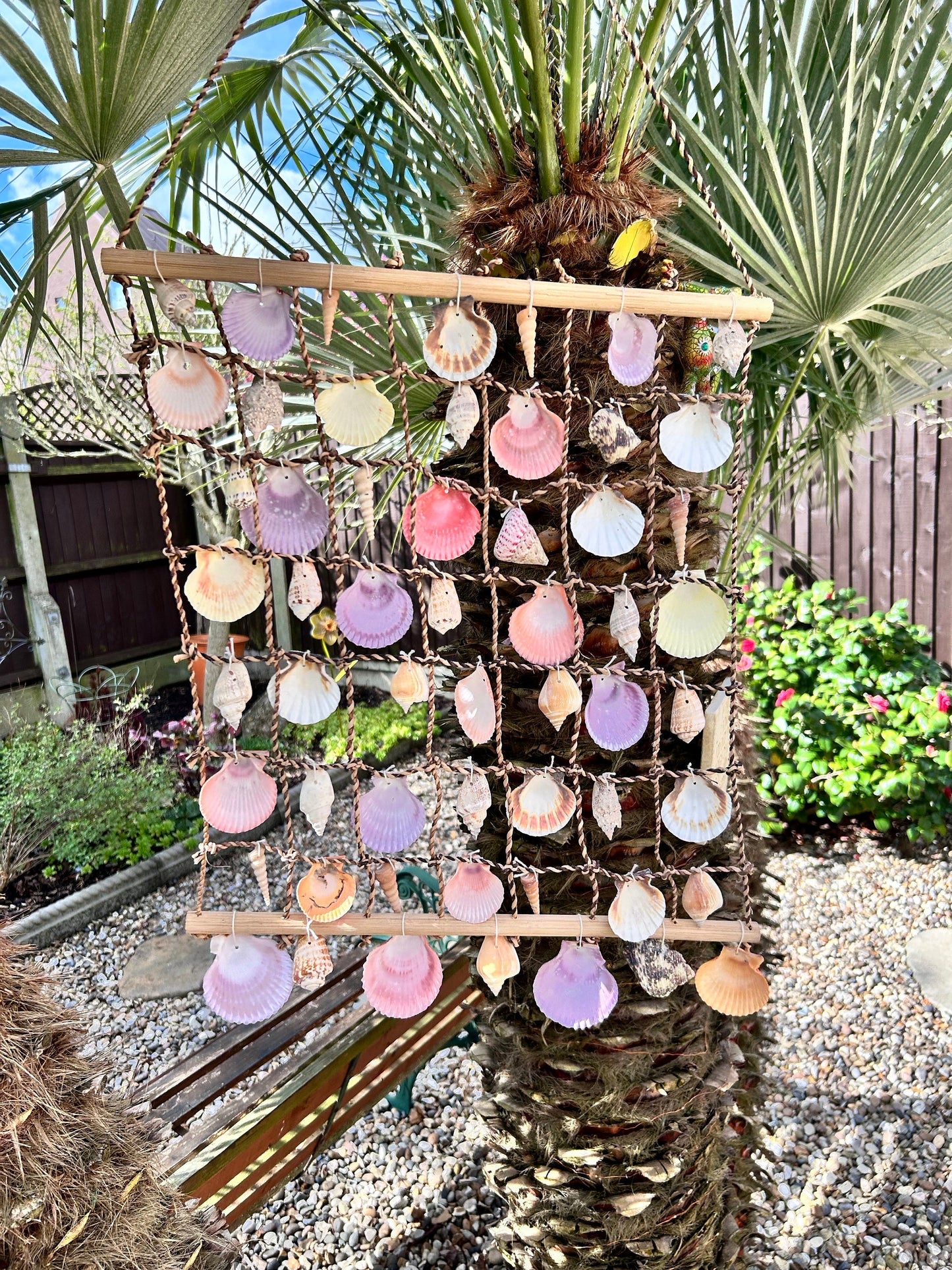 Large shell hanging garden decor. Seashell net for nautical theme decor. Coastal home wall hangings. Sun room or conservatory accessory.