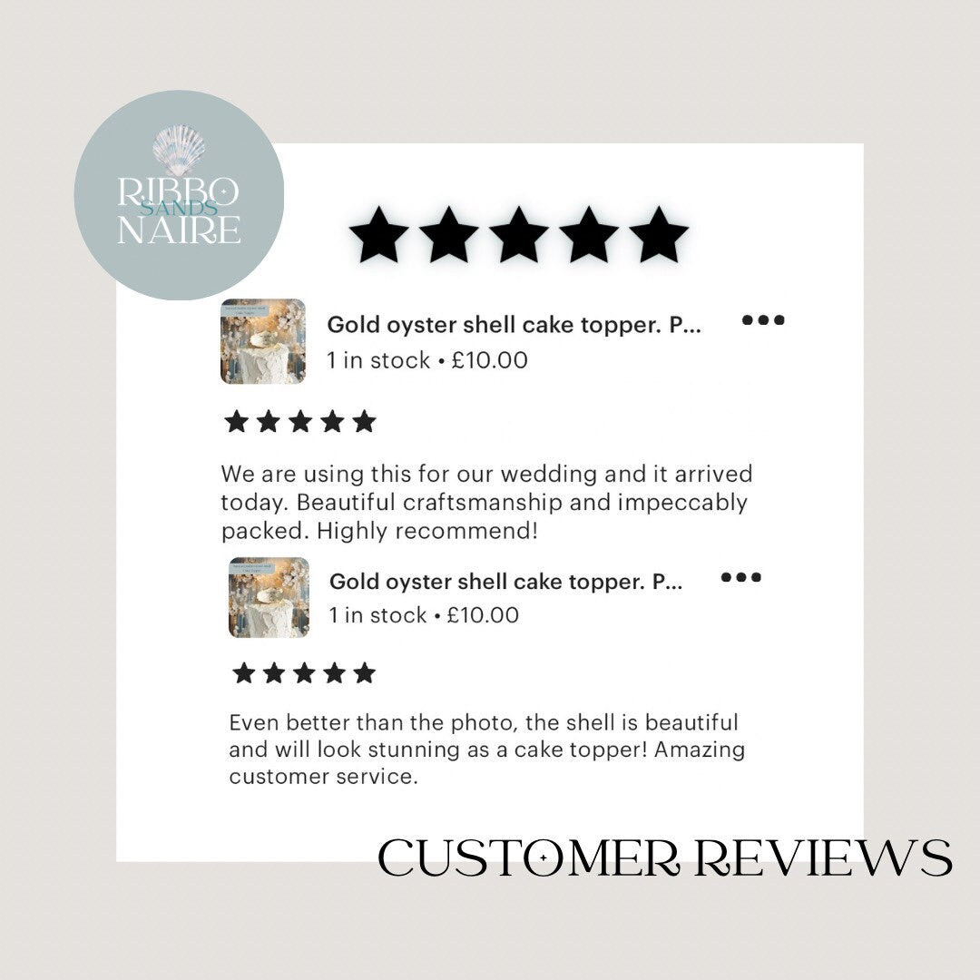 Personalised Gold Oyster Shell Cake Topper. Custom Beach Wedding Decoration.
