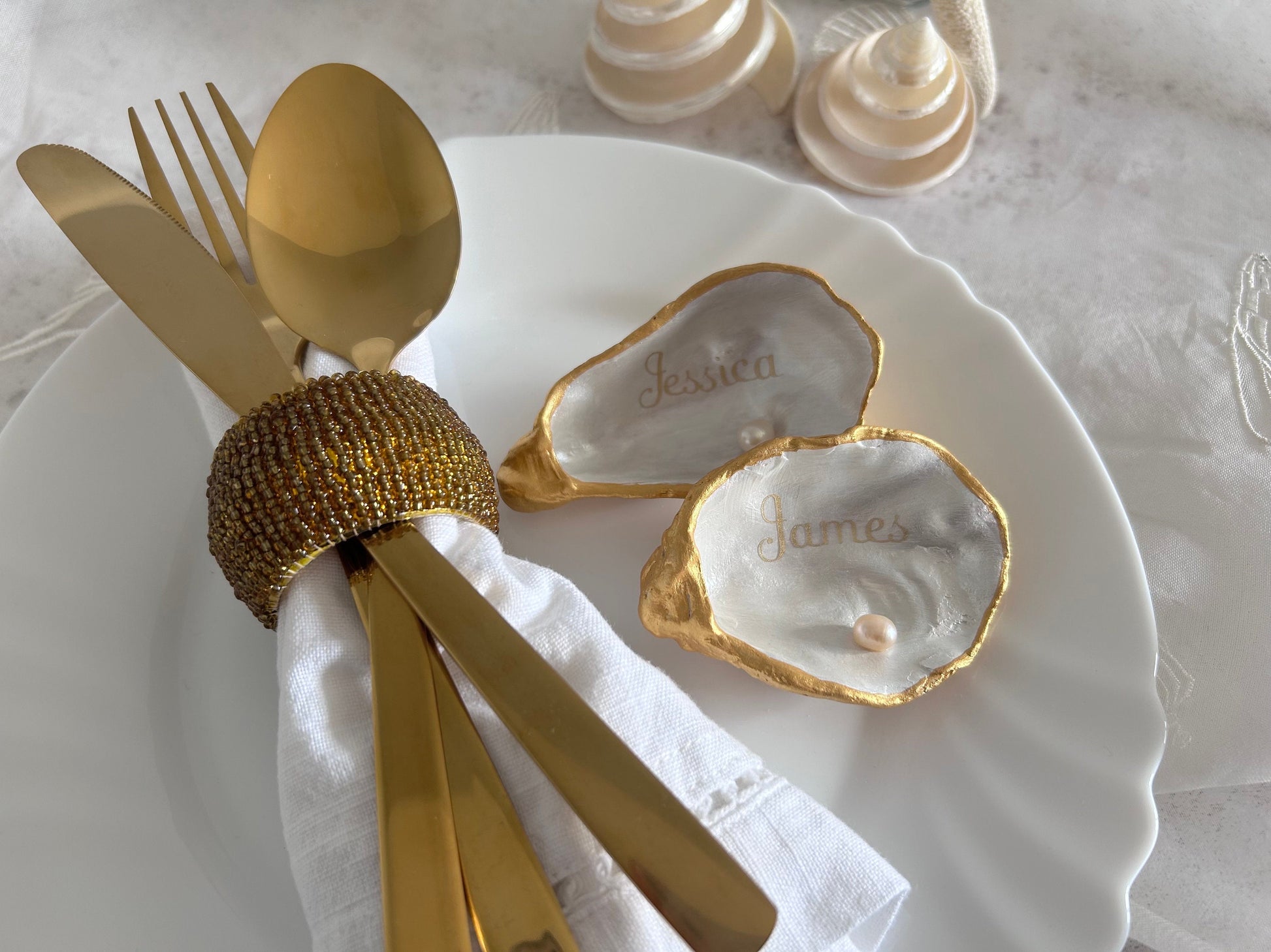 Gold Oyster Shell Wedding Place Card and Favour. Personalised name place for Bride and Groom. Custom Design place names.