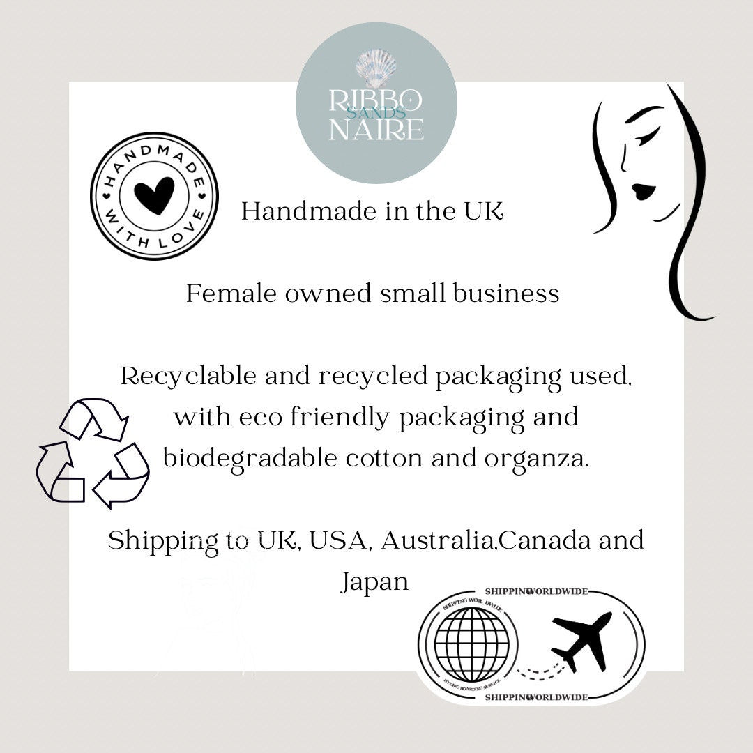 Female owned small business'  'Handmade in the UK.' 'Recyclable and recycled packaging used. with eco friendly packaging and biodegradable cotton and organza.' Al'Shipping to UK, USA, Australia, Canada and Japan.'