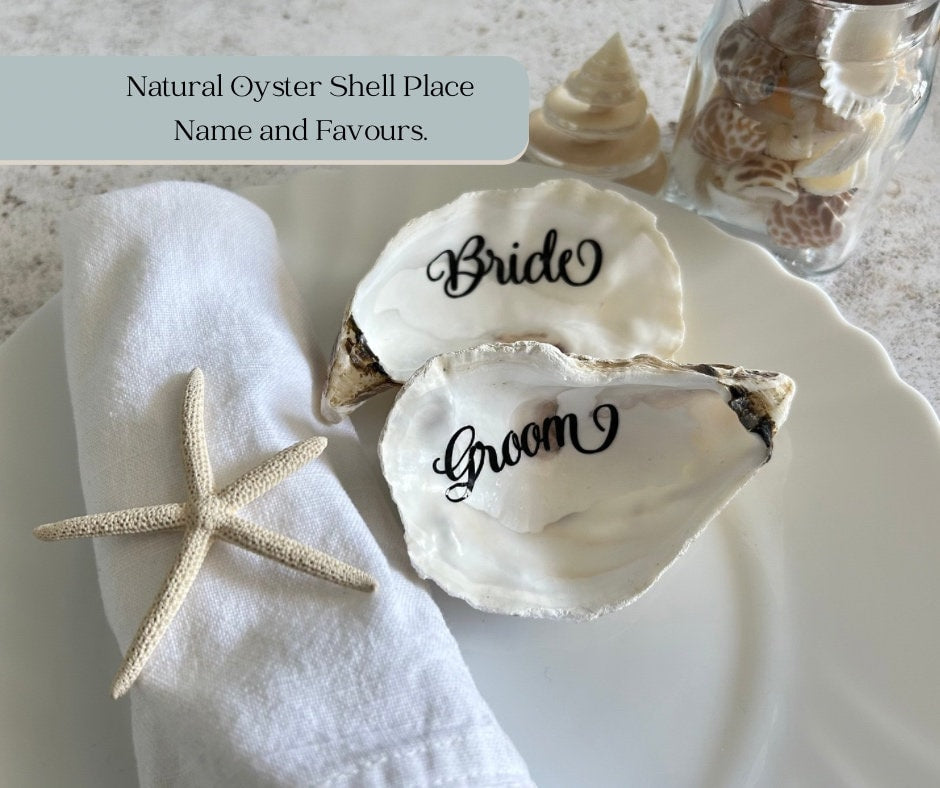 These natural oyster shells have been left natural on the underside and inside to make unique shell place names. and favours, a touch of sophistication on your beach wedding.
Each shell measures approx 6 to 8 cm long.