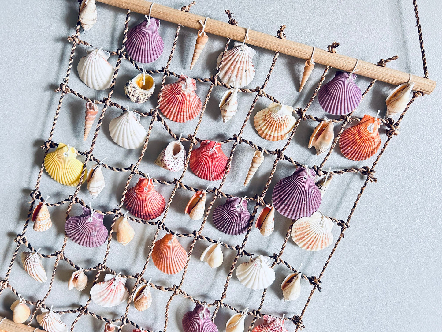 Large shell hanging garden decor. Seashell net for nautical theme decor. Coastal home wall hangings. Sun room or conservatory accessory.