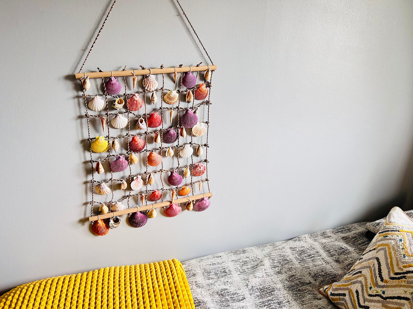 Large shell hanging garden decor. Seashell net for nautical theme decor. Coastal home wall hangings. Sun room or conservatory accessory.