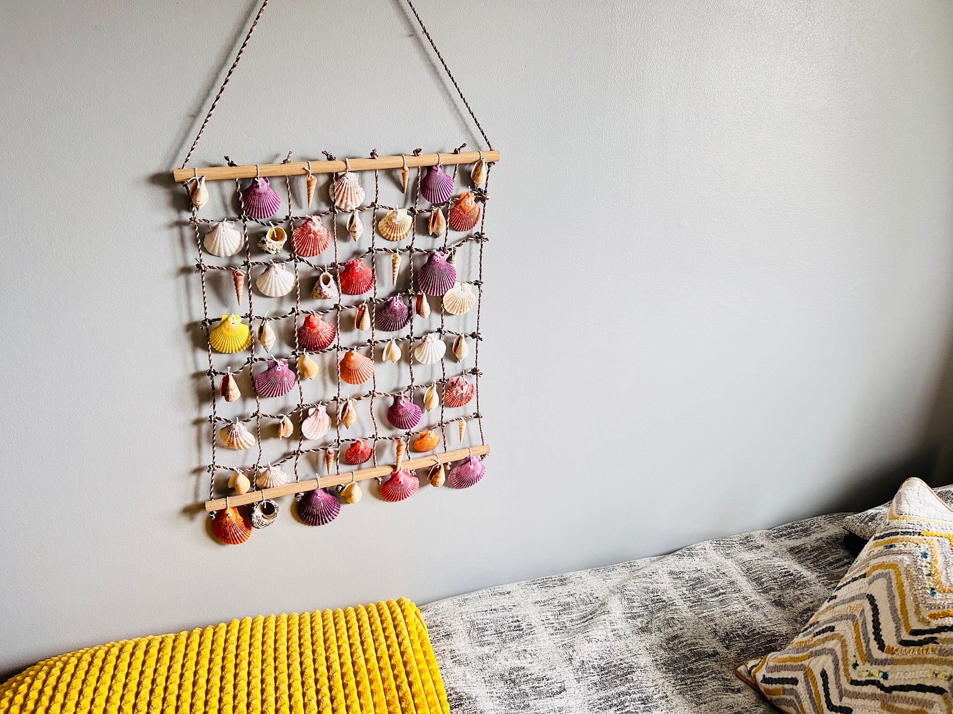 Large shell hanging garden decor. Seashell net for nautical theme decor. Coastal home wall hangings. Sun room or conservatory accessory.