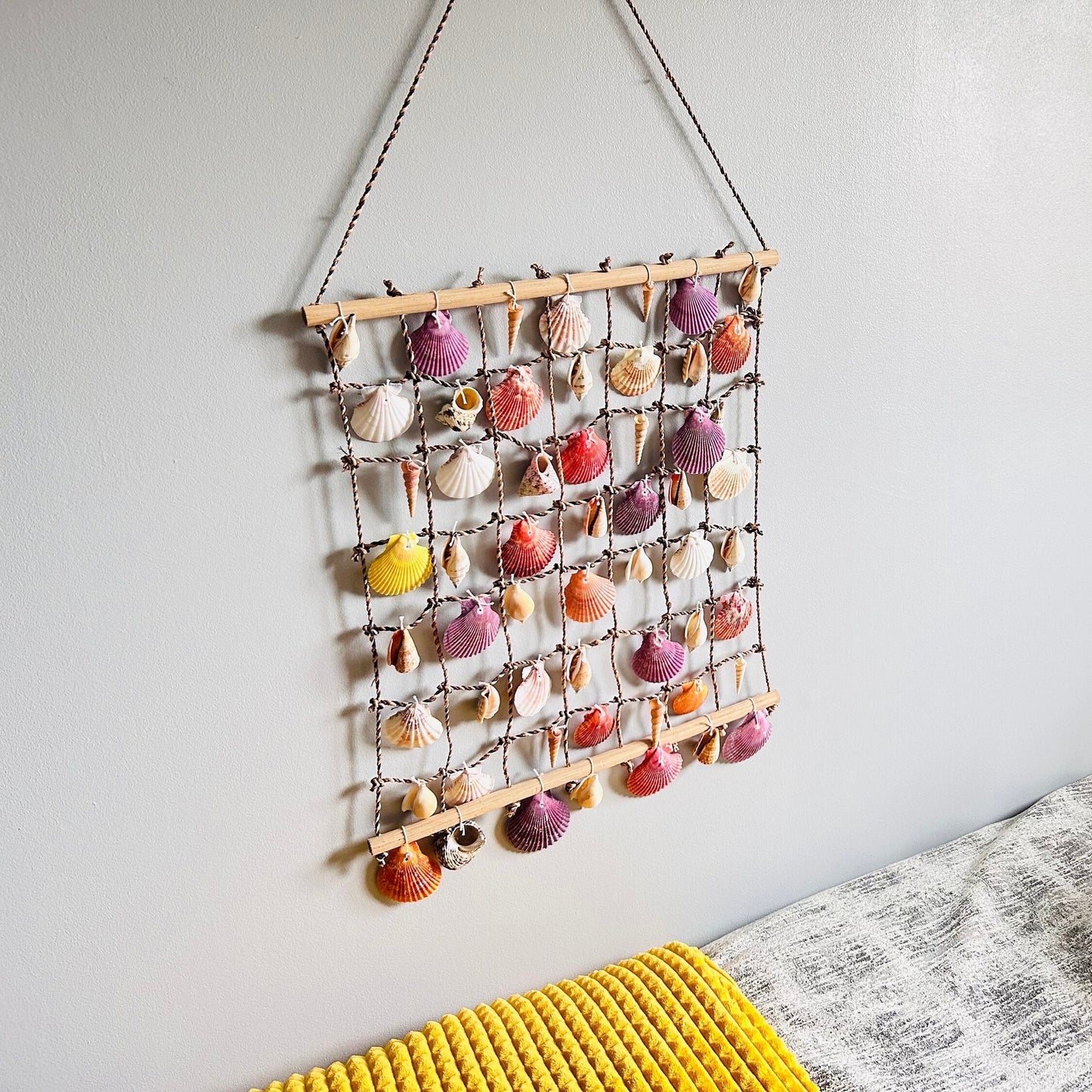Large shell hanging garden decor. Seashell net for nautical theme decor. Coastal home wall hangings. Sun room or conservatory accessory.