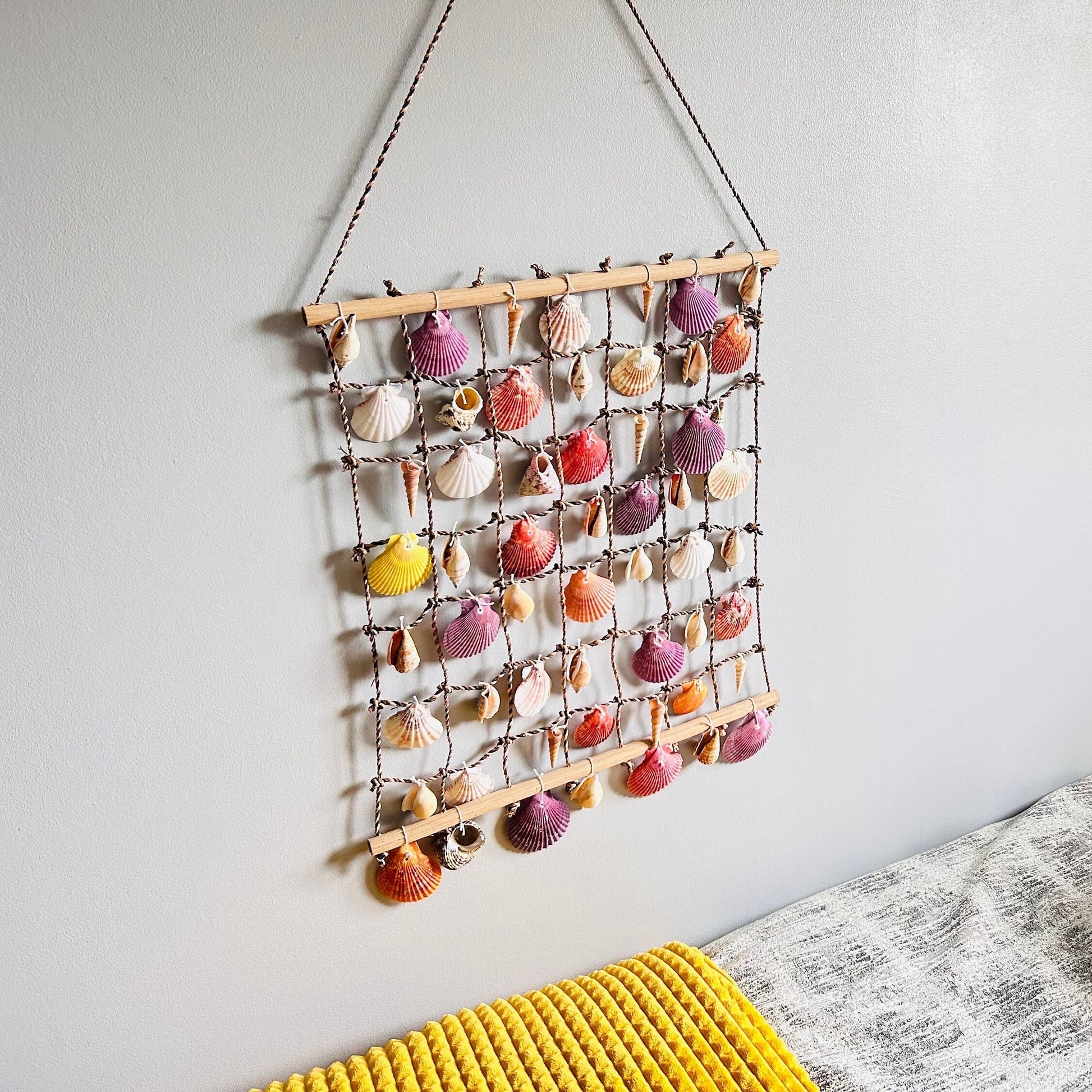 Large shell hanging garden decor. Seashell net for nautical theme decor. Coastal home wall hangings. Sun room or conservatory accessory.