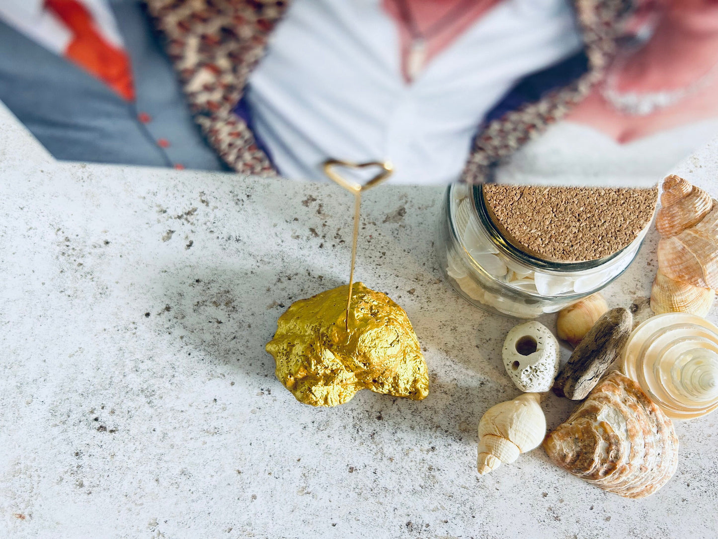 Gold oyster shell wedding photo holder. Elegant beach wedding table number/menu holder. Lost loved one beach wedding memorial photo holder.