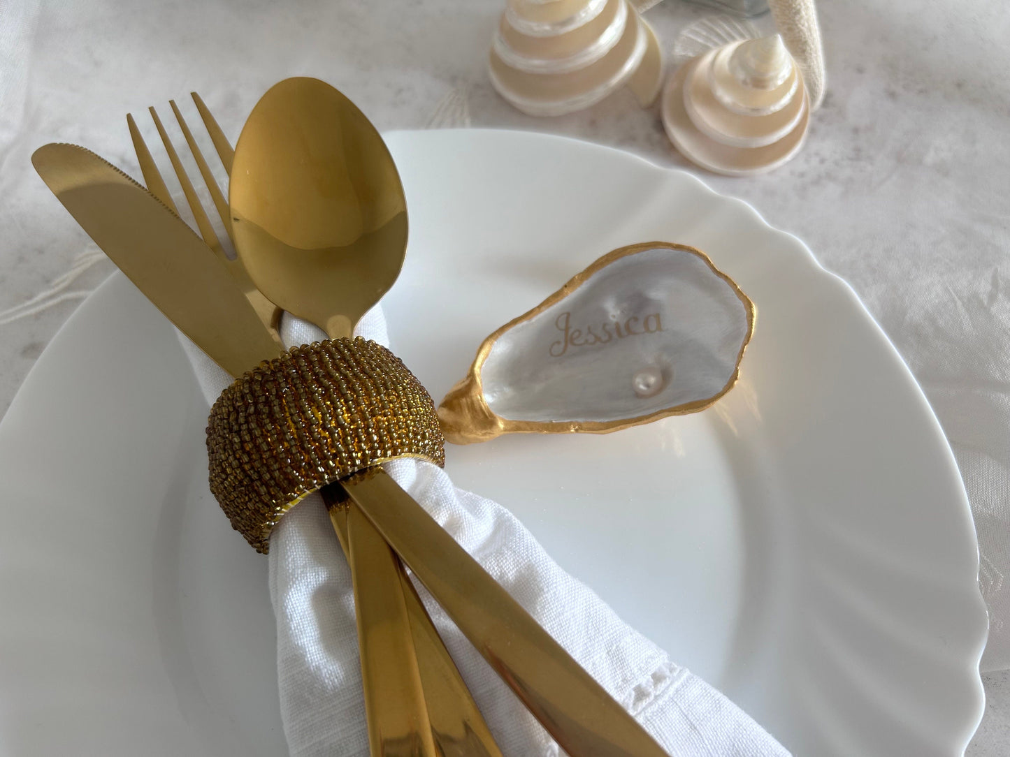 Gold Oyster Shell Wedding Place Card and Favour. Personalised name place for Bride and Groom. Custom Design place names.