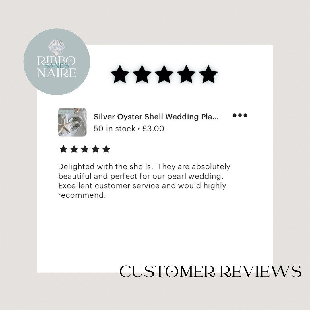 A customer review for a silver oyster wedding shells . The review is five stars and says 'Delighted with the shells. They are absolutely beautiful and perfect for our pearl wedding. Excellent customer service and would highly recommend.' The review also includes a product image of the silver oyster shell wedding shell.