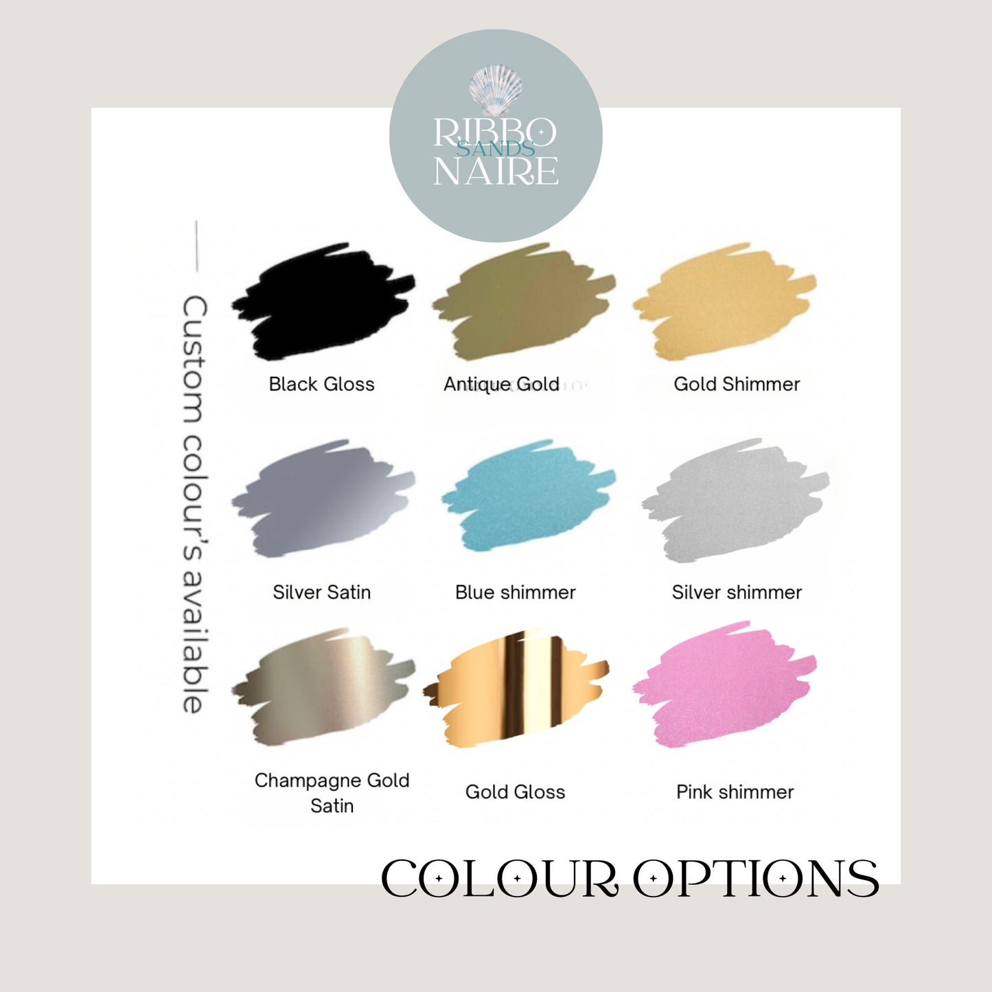 Color options are Black Gloss, Antique Gold, Gold Shimmer, Silver Satin, Blue shimmer, Silver shimmer, Champagne Gold Satin, Gold Gloss, Pink shimmer.