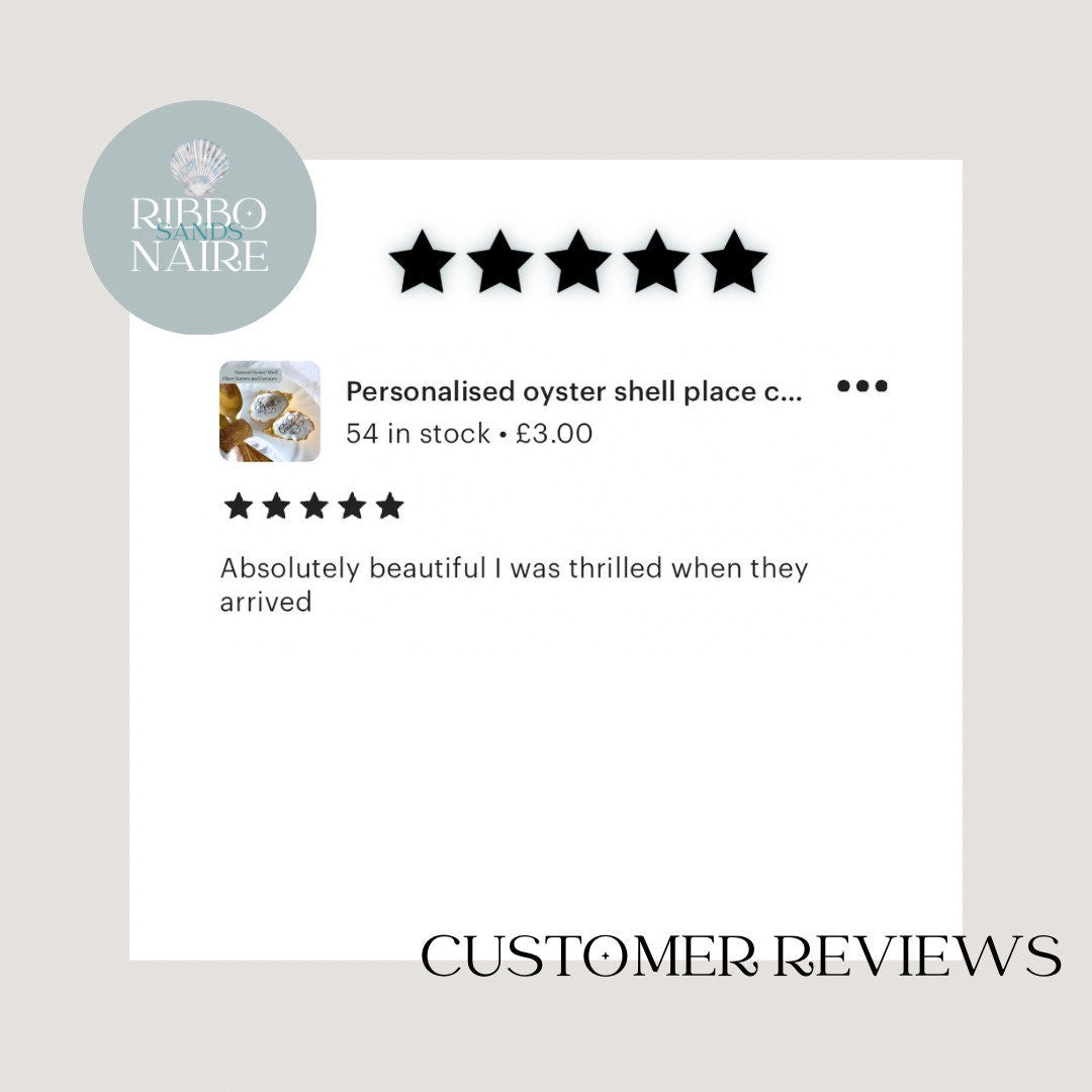 A 5 star review, a product image of two white oyster shell place cards, and a customer review that reads &#39;Absolutely beautiful I was thrilled when they arrived.&#39;