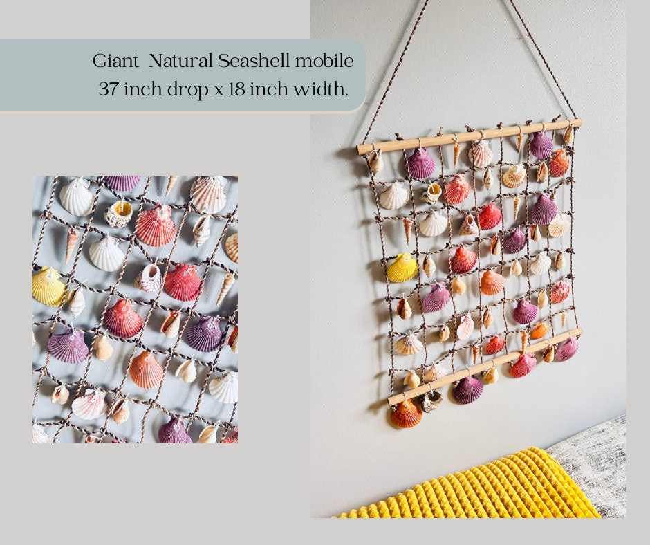Large shell hanging garden decor. Seashell net for nautical theme decor. Coastal home wall hangings. Sun room or conservatory accessory.