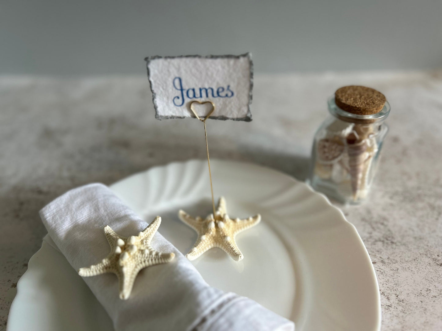 Starfish place name. Natural starfish name card holder. Destination wedding seeded place card. Gold heart card holder, photo favour.