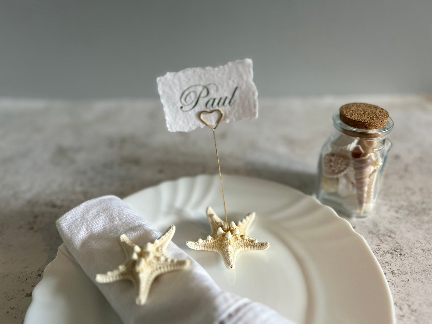 Starfish place name. Natural starfish name card holder. Destination wedding seeded place card. Gold heart card holder, photo favour.