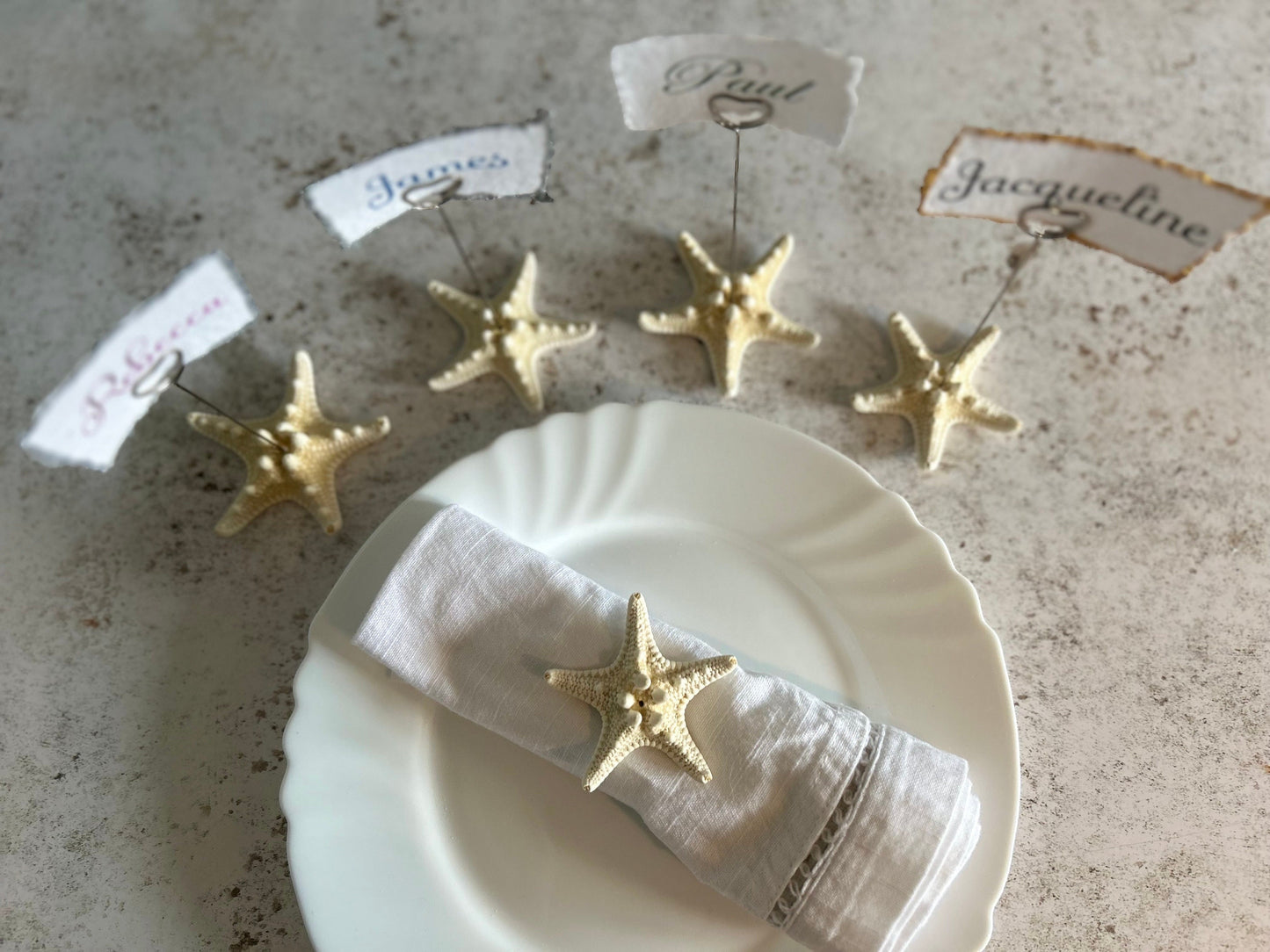 Starfish place card holder. Natural starfish name place holder. Beach wedding seeded name place card. Silver heart photo holder favour.