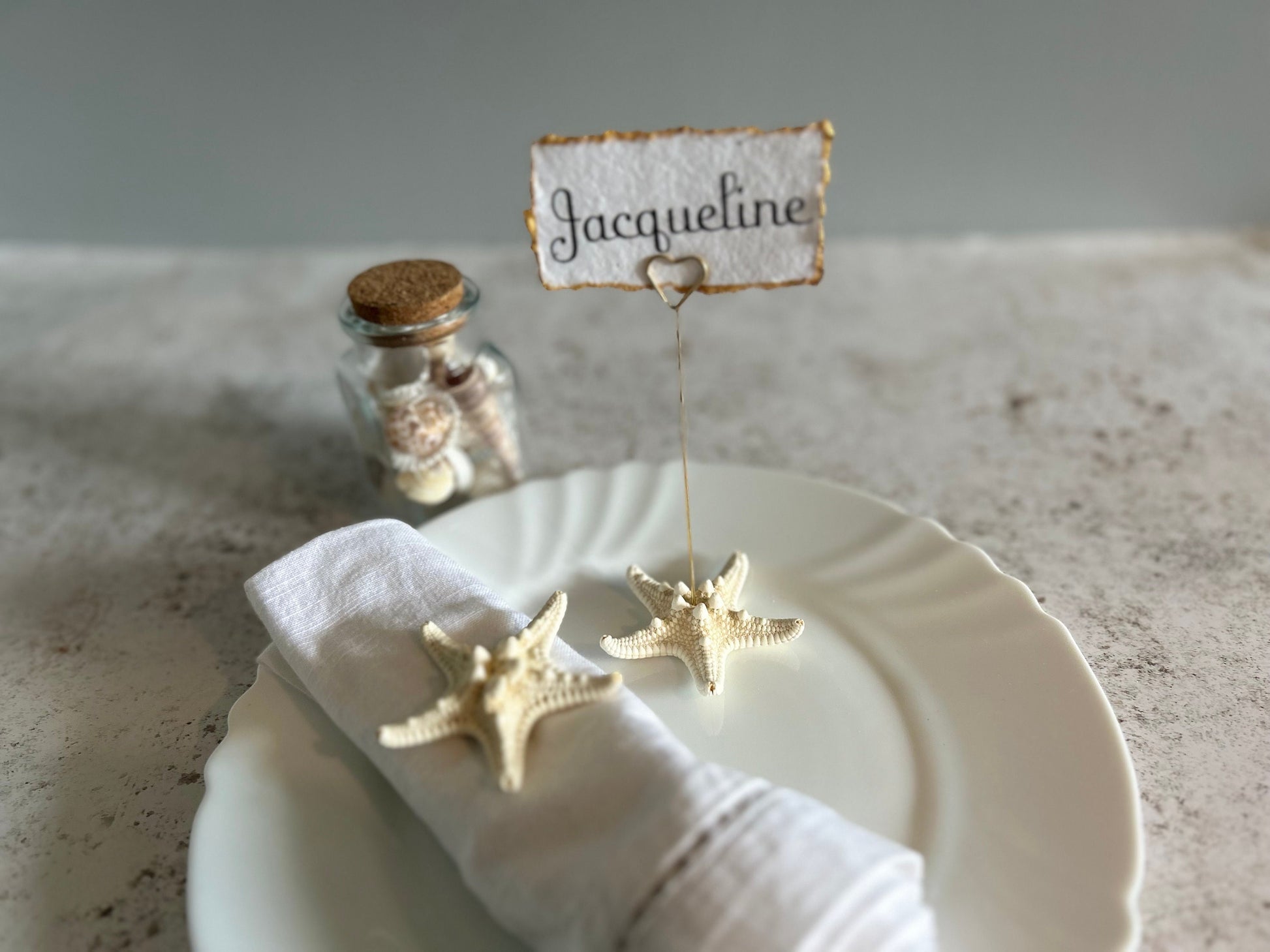 Starfish place name. Natural starfish name card holder. Destination wedding seeded place card. Gold heart card holder, photo favour.