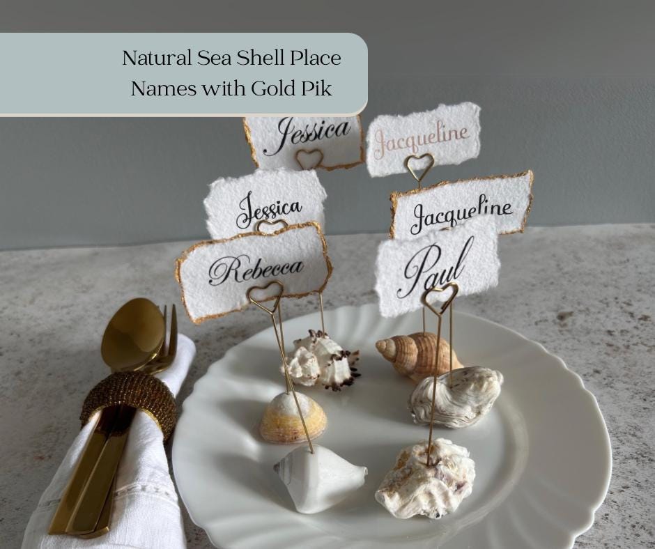 Personalised shell name cards. Seashell name card holder. Gold edged hand torn place names. Destination wedding shell guest name and favor.