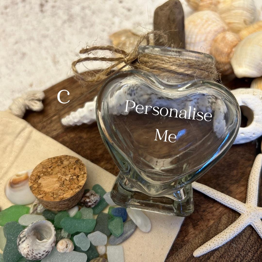 Beach Wedding Heart Sand Bottle. Personalised Honeymoon Destination Keepsake Jar.
