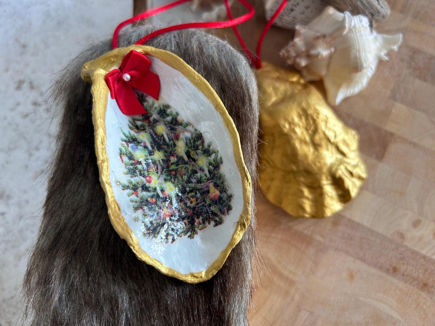 Vintage Christmas Tree Decoupaged Oyster Shell Hanging Decoration. Vintage Coastal Xmas Home Decor.