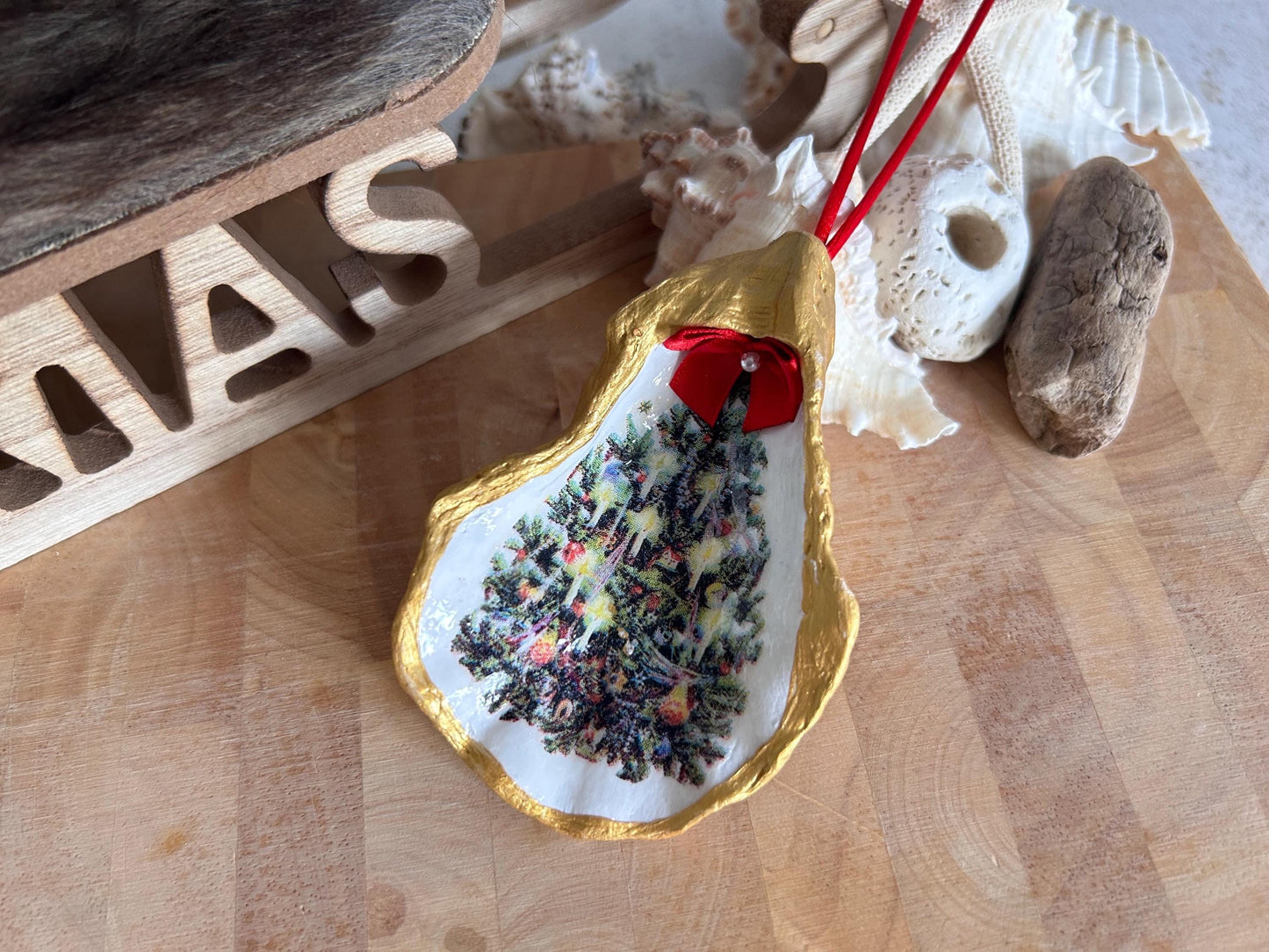 Vintage Christmas Tree Decoupaged Oyster Shell Hanging Decoration. Vintage Coastal Xmas Home Decor.