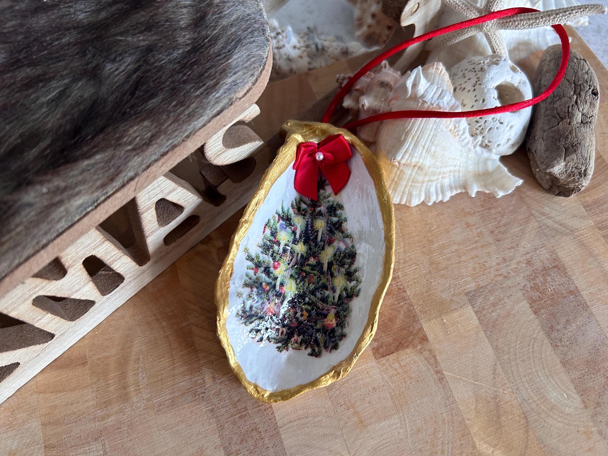Vintage Christmas Tree Decoupaged Oyster Shell Hanging Decoration. Vintage Coastal Xmas Home Decor.