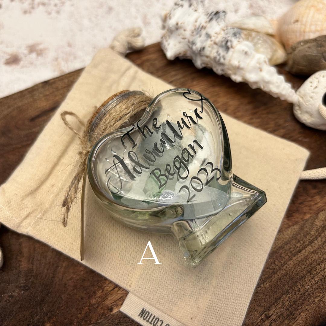Personalised Heart Glass Sand Keepsake Jar. Beach Vacation Memory Bottle.