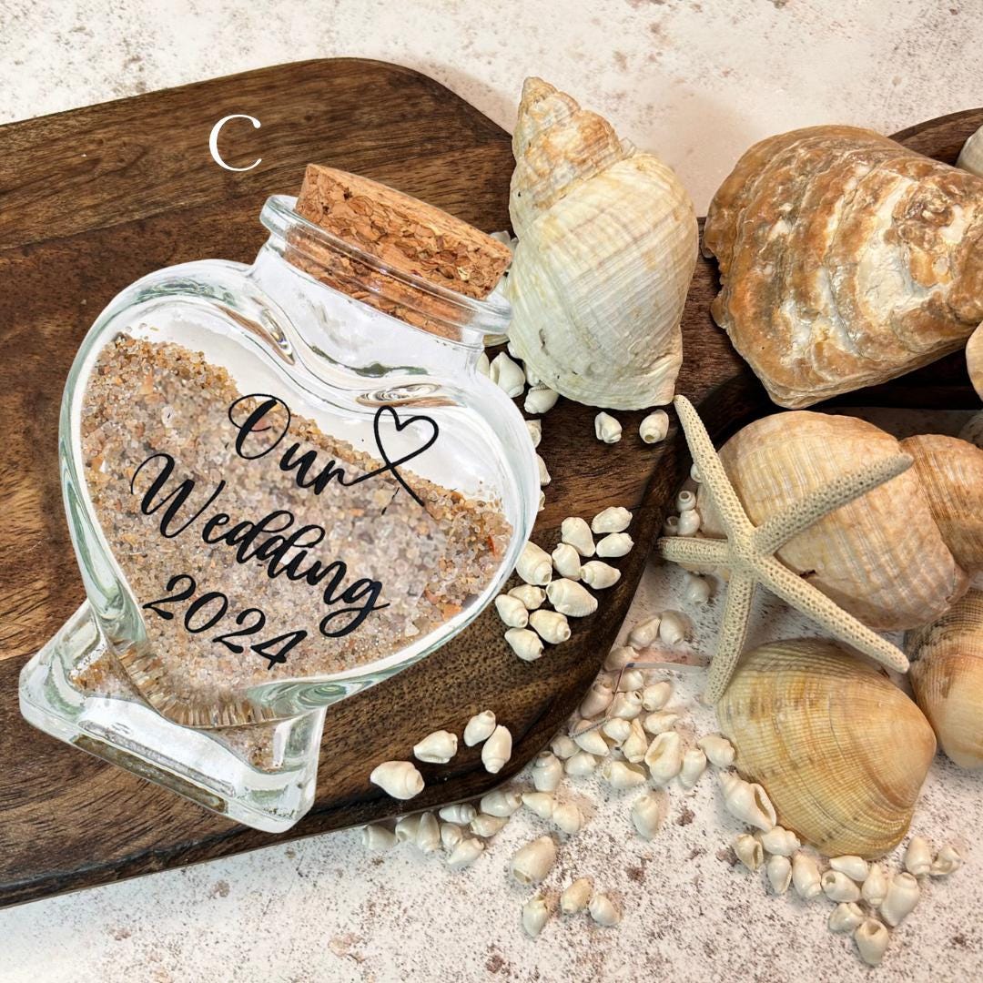 Personalised Heart Glass Sand Keepsake Jar. Beach Vacation Memory Bottle.