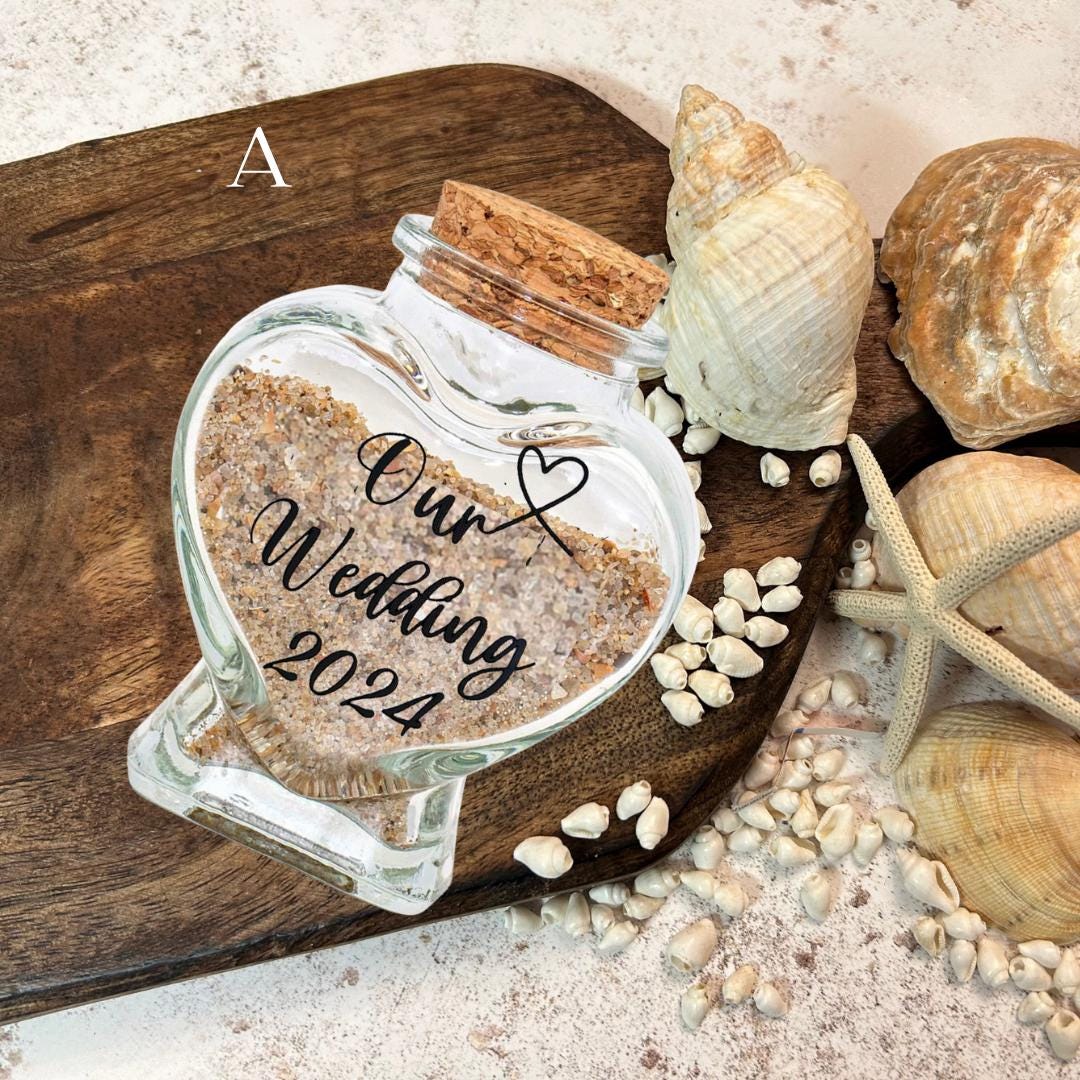 Beach Wedding Heart Sand Bottle. Personalised Honeymoon Destination Keepsake Jar.