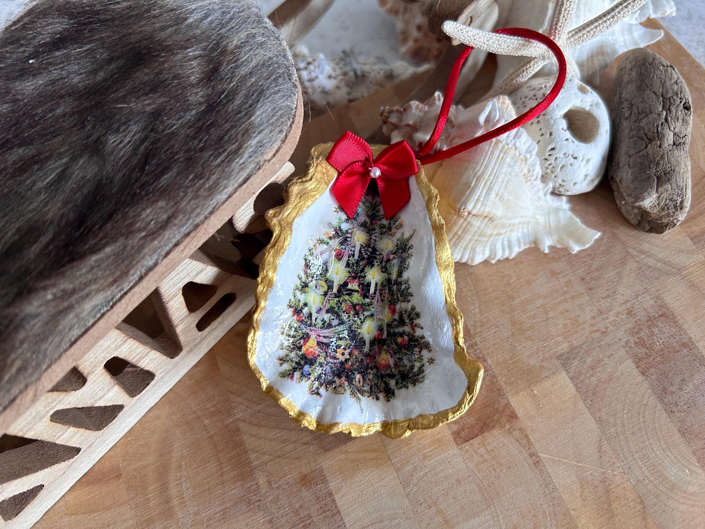Vintage Christmas Tree Decoupaged Oyster Shell Hanging Decoration. Vintage Coastal Xmas Home Decor.