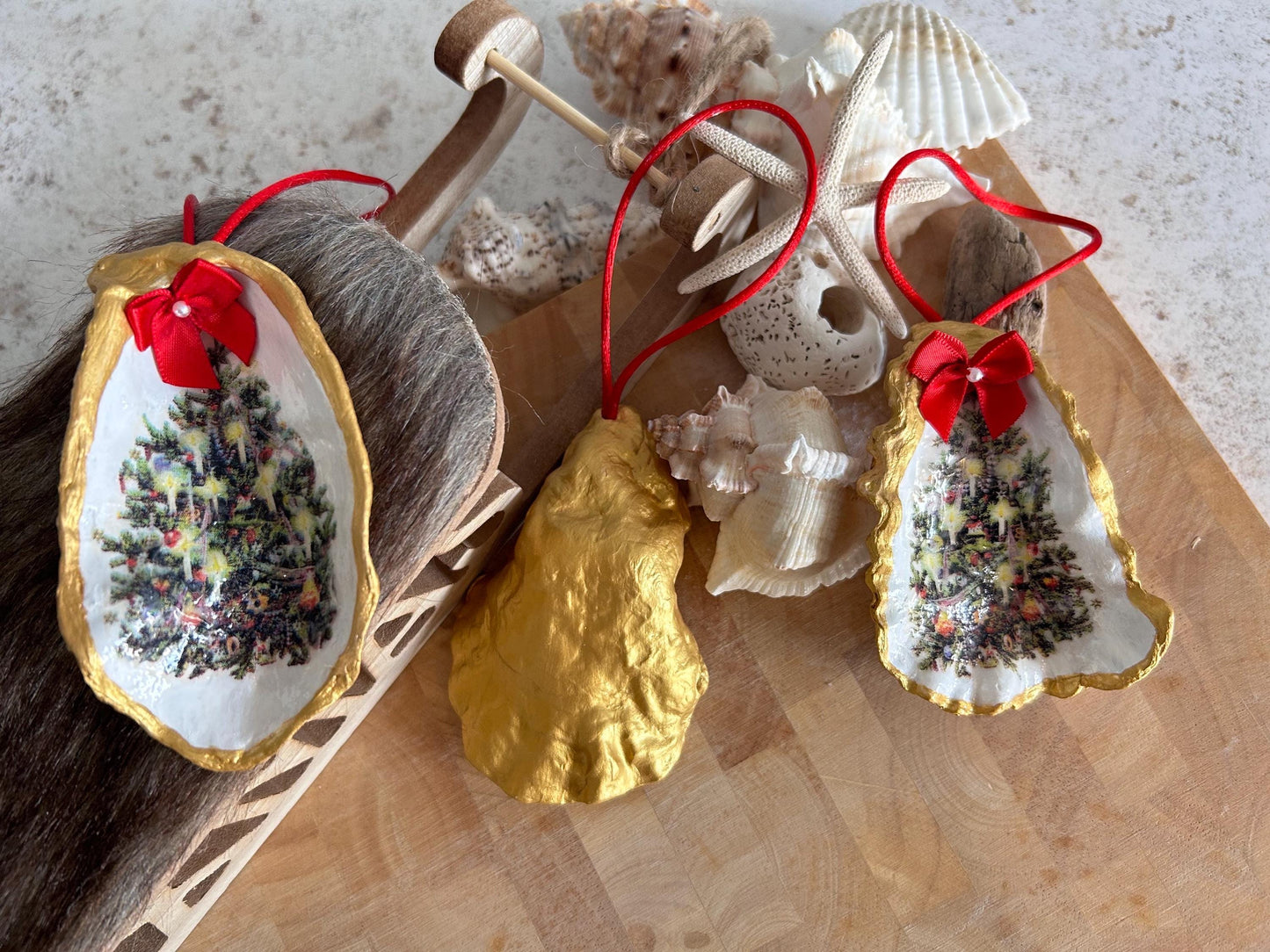 Vintage Christmas Tree Decoupaged Oyster Shell Hanging Decoration. Vintage Coastal Xmas Home Decor.