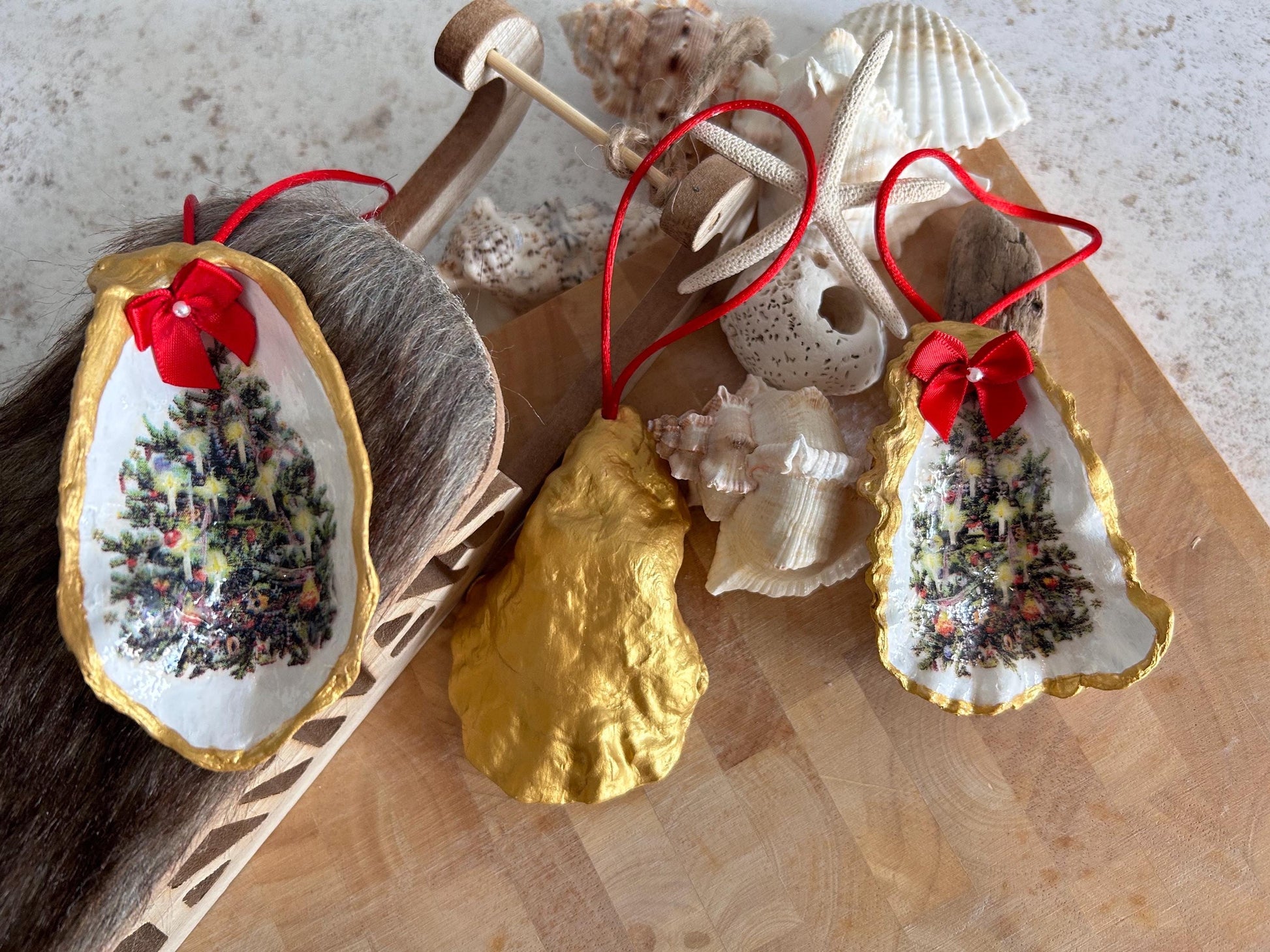 Vintage Christmas Tree Decoupaged Oyster Shell Hanging Decoration. Vintage Coastal Xmas Home Decor.