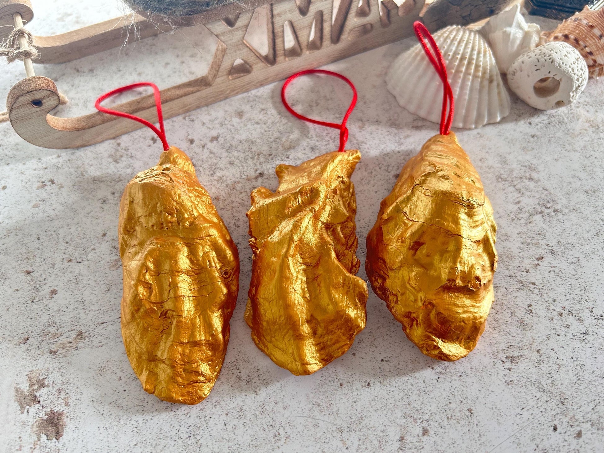 Nutcracker Christmas Tree Oyster Shell Ornament. Gold Vintage Style Set of 3.