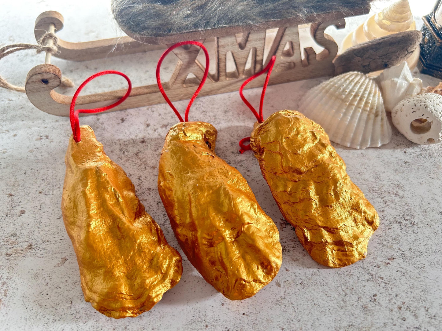 Nutcracker Christmas Tree Oyster Shell Ornament. Gold Vintage Style Set of 3.