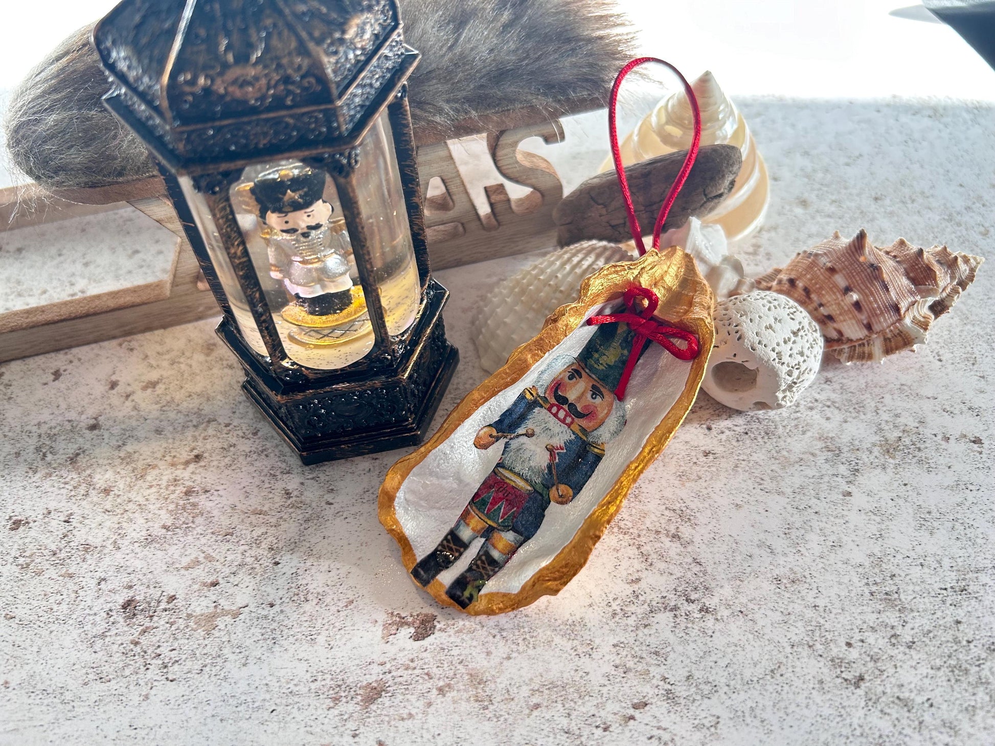 Nutcracker Christmas Tree Oyster Shell Ornament. Gold Vintage Style Set of 3.