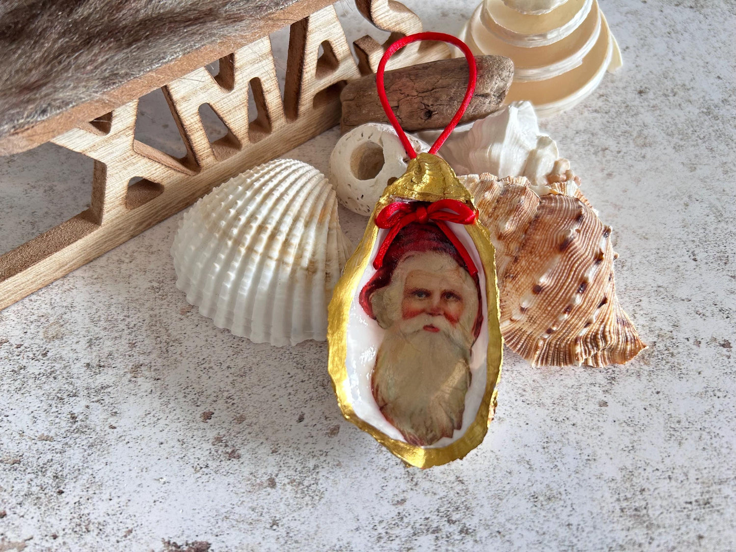 Father Christmas Oyster Shell Ornament Set. Handmade Trio of Saint Nick Tree Decoration.