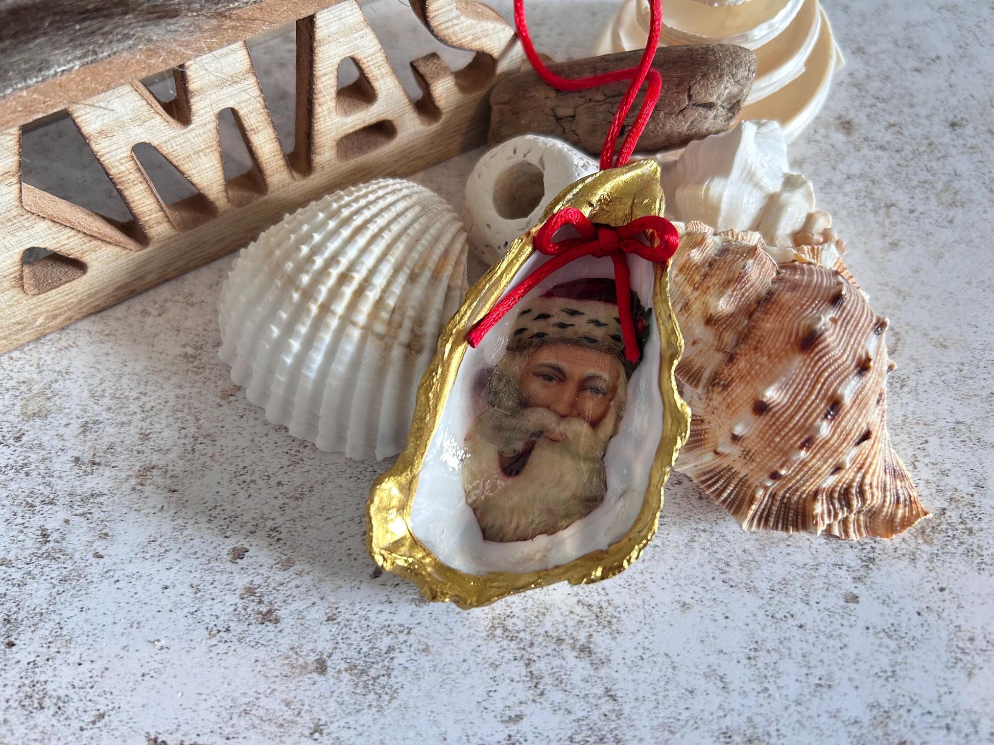 Father Christmas Oyster Shell Ornament Set. Handmade Trio of Saint Nick Tree Decoration.