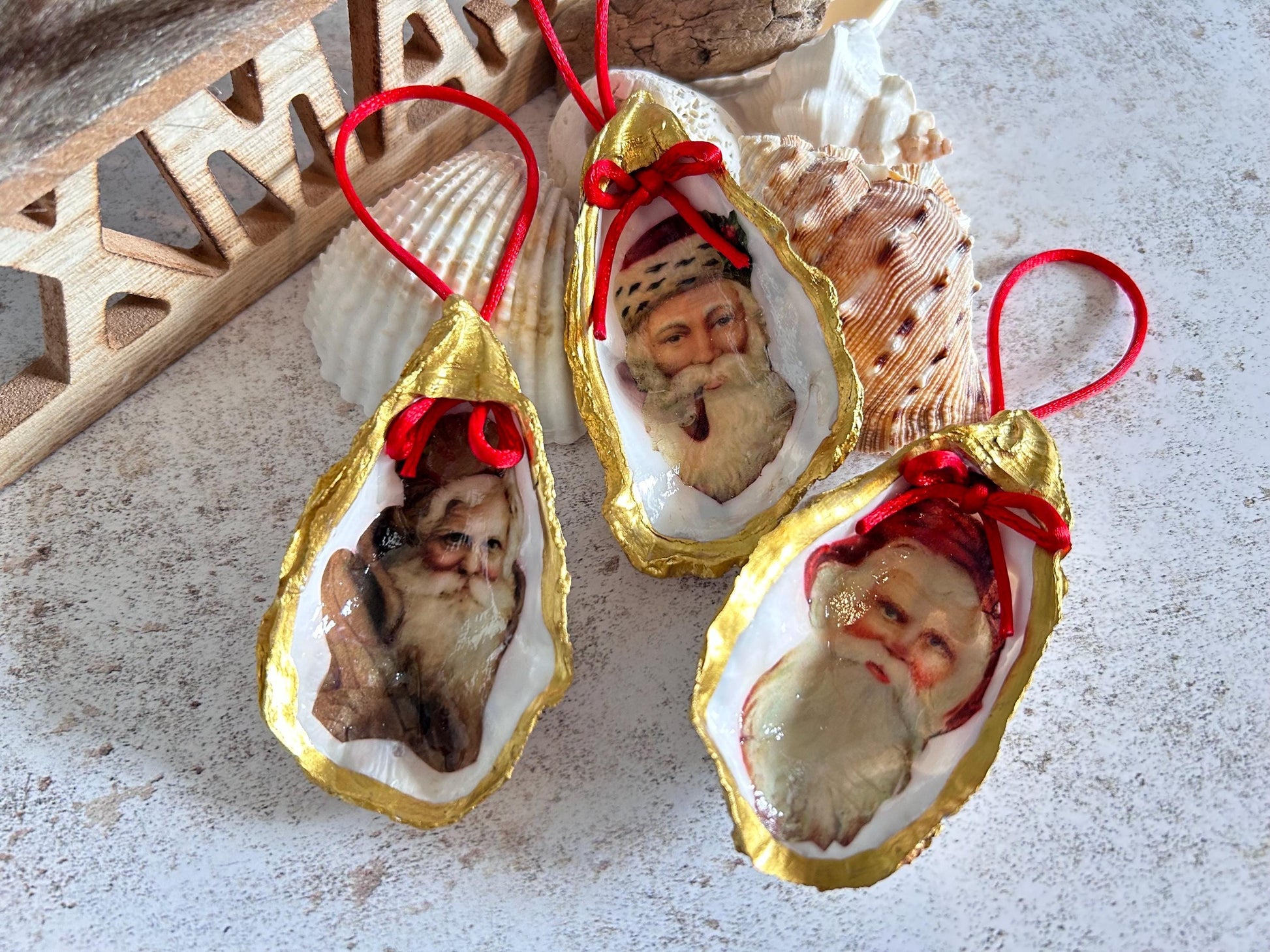 Father Christmas Oyster Shell Ornament Set. Handmade Trio of Saint Nick Tree Decoration.