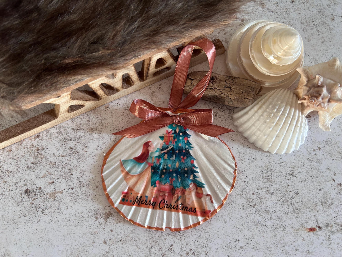 Personalised Christmas Decoration. Natural Scallop Shell Holiday Scene Hanging Decoration.