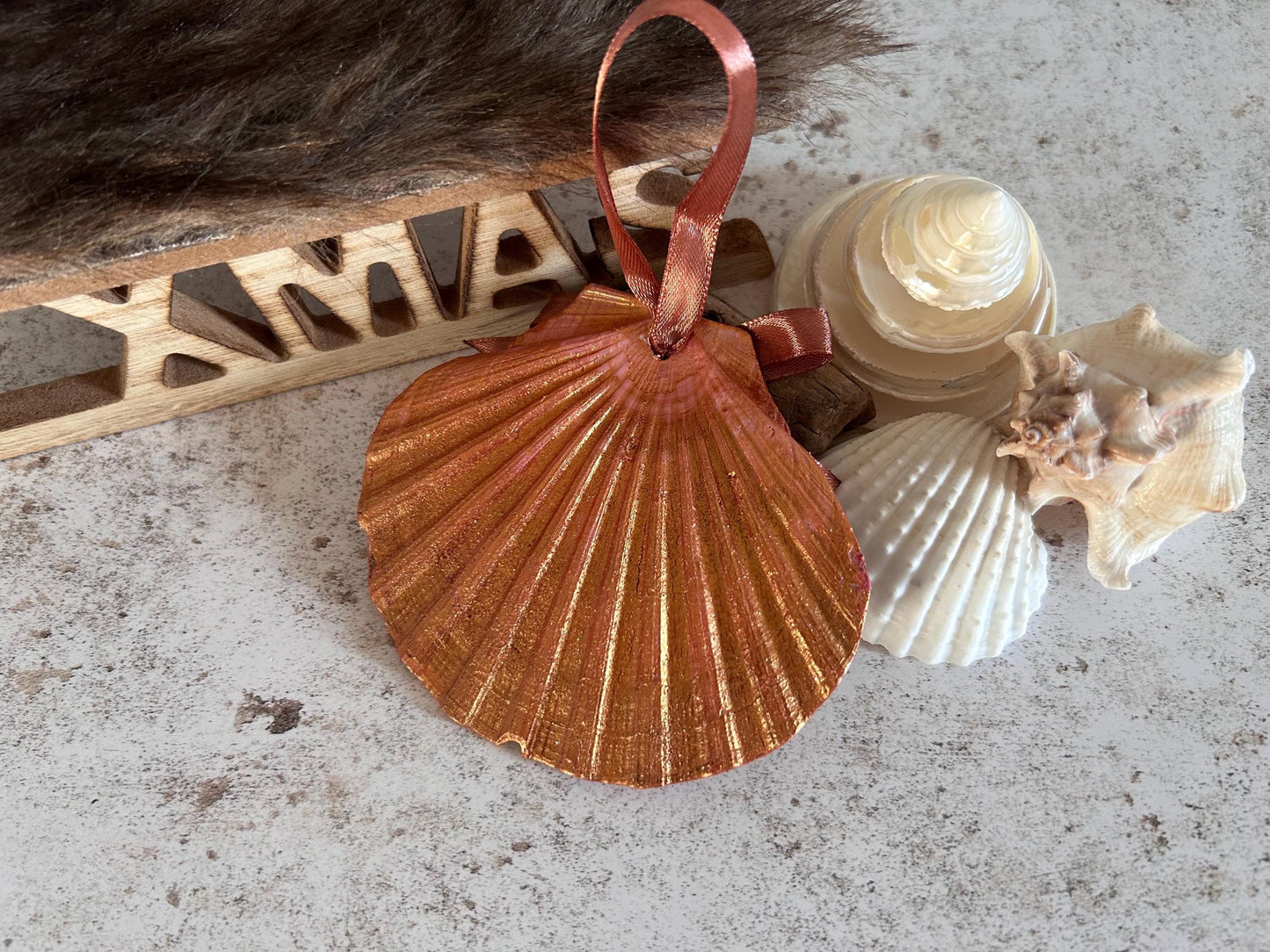 Personalised Christmas Decoration. Natural Scallop Shell Holiday Scene Hanging Decoration.