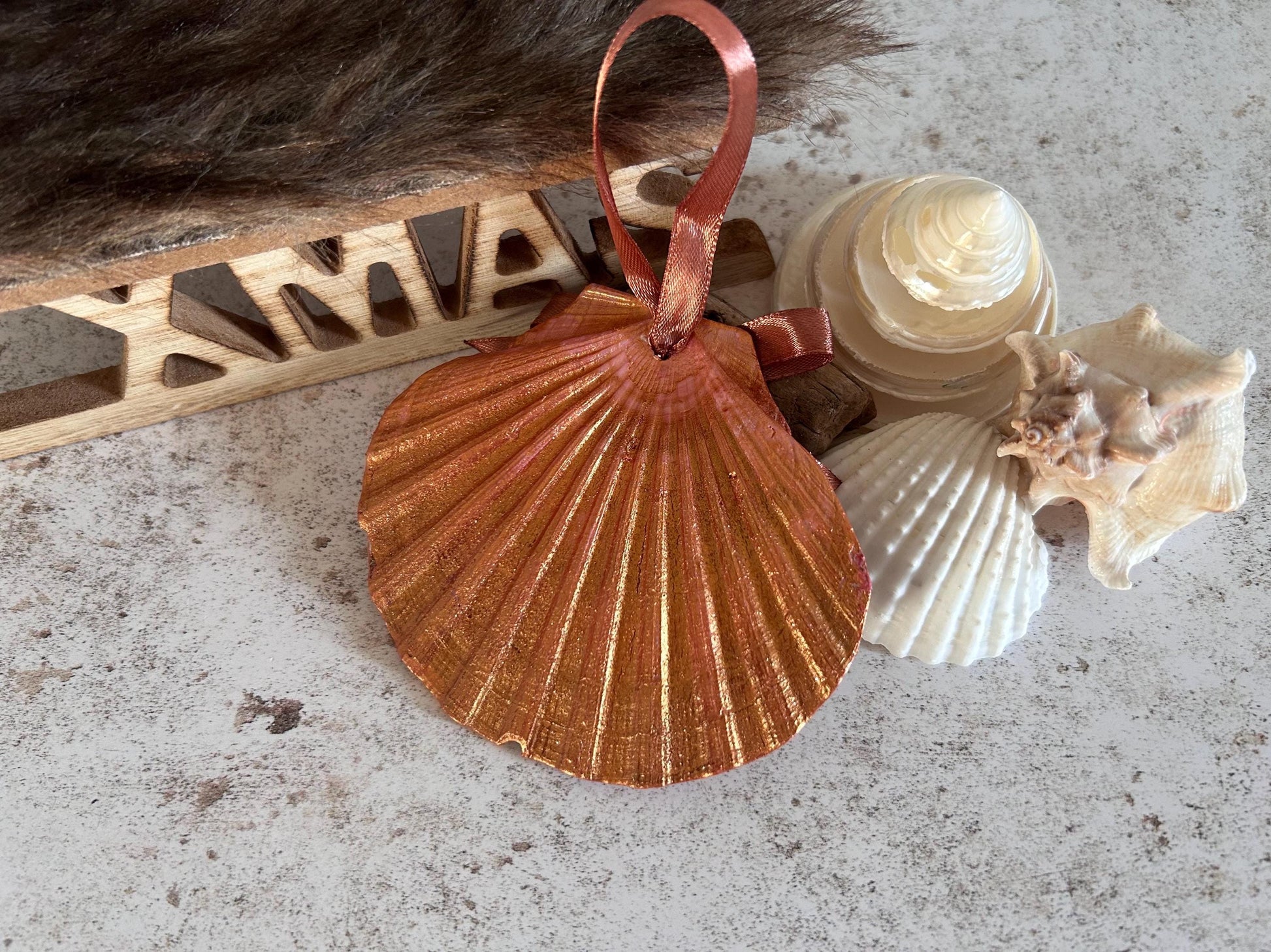 Personalised Christmas Decoration. Natural Scallop Shell Holiday Scene Hanging Decoration.
