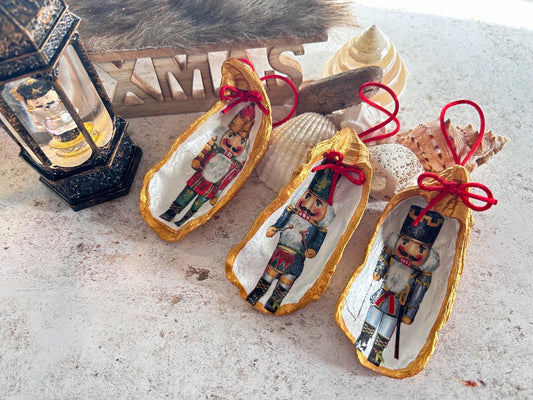Nutcracker Christmas Tree Oyster Shell Ornament. Gold Vintage Style Set of 3.