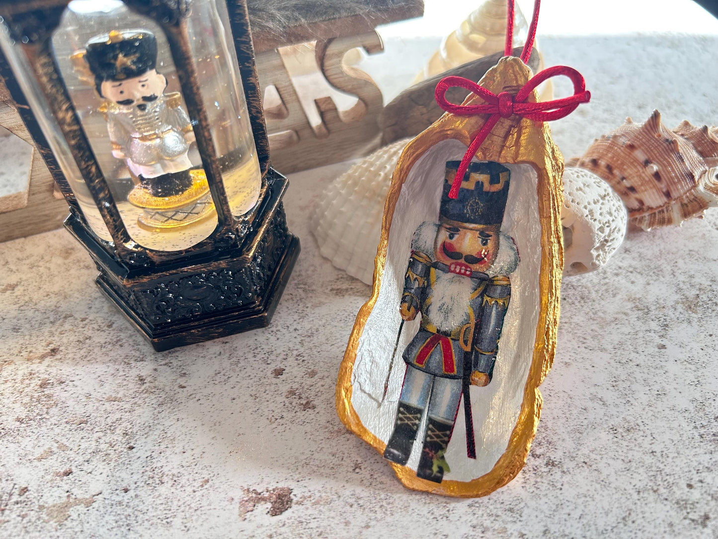 Nutcracker Christmas Tree Oyster Shell Ornament. Gold Vintage Style Set of 3.