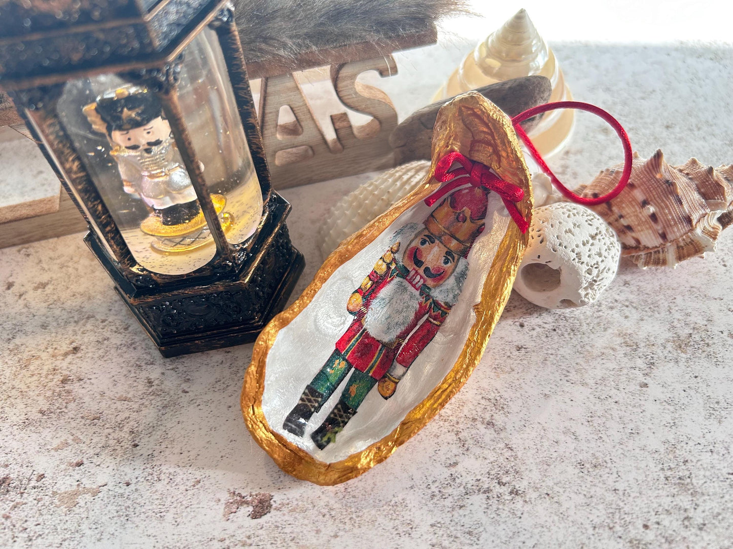 Nutcracker Christmas Tree Oyster Shell Ornament. Gold Vintage Style Set of 3.