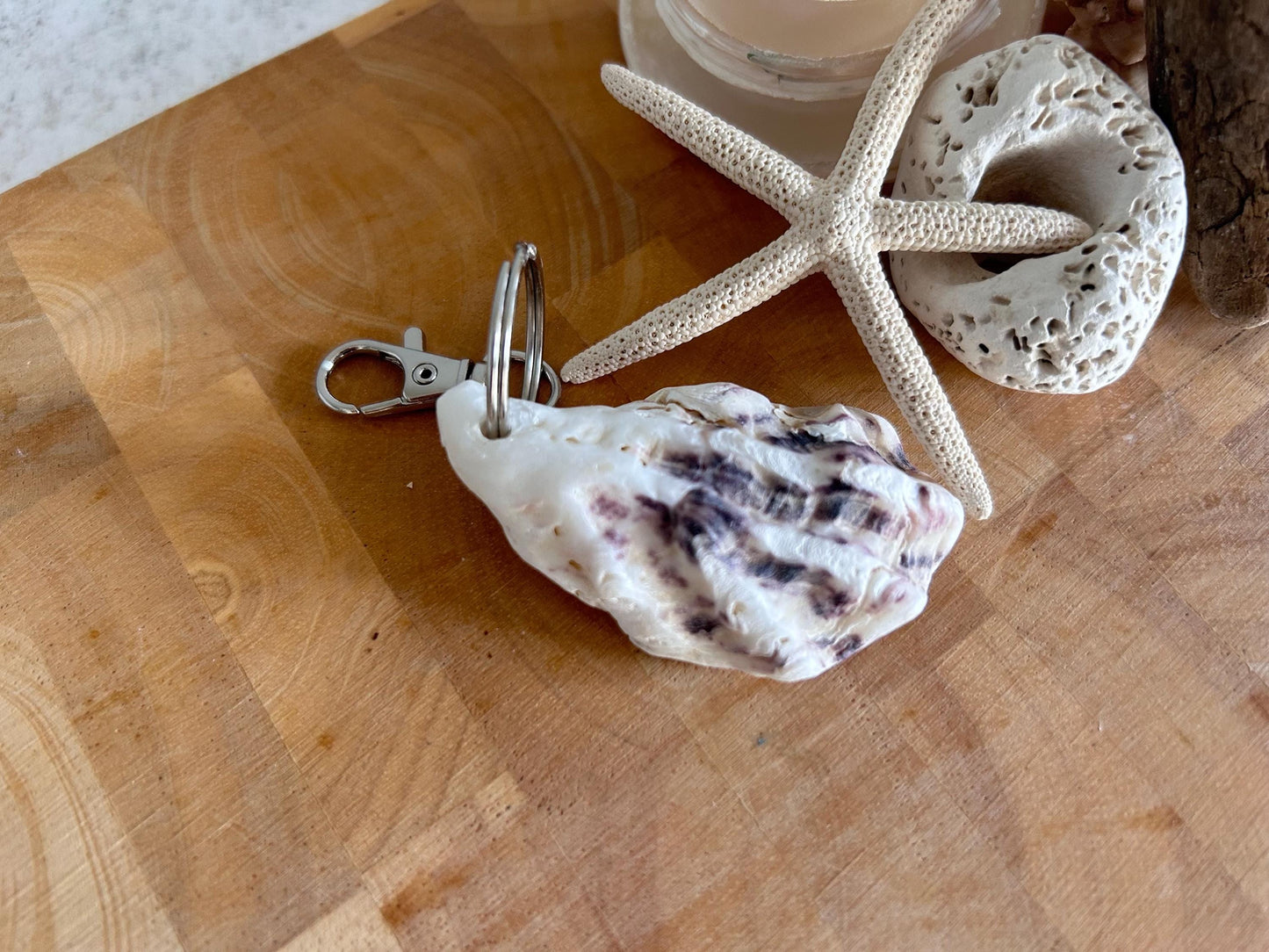 Oyster Shell Keychain.  Natural Beach Bag Charm, Coastal Keyring favour.
