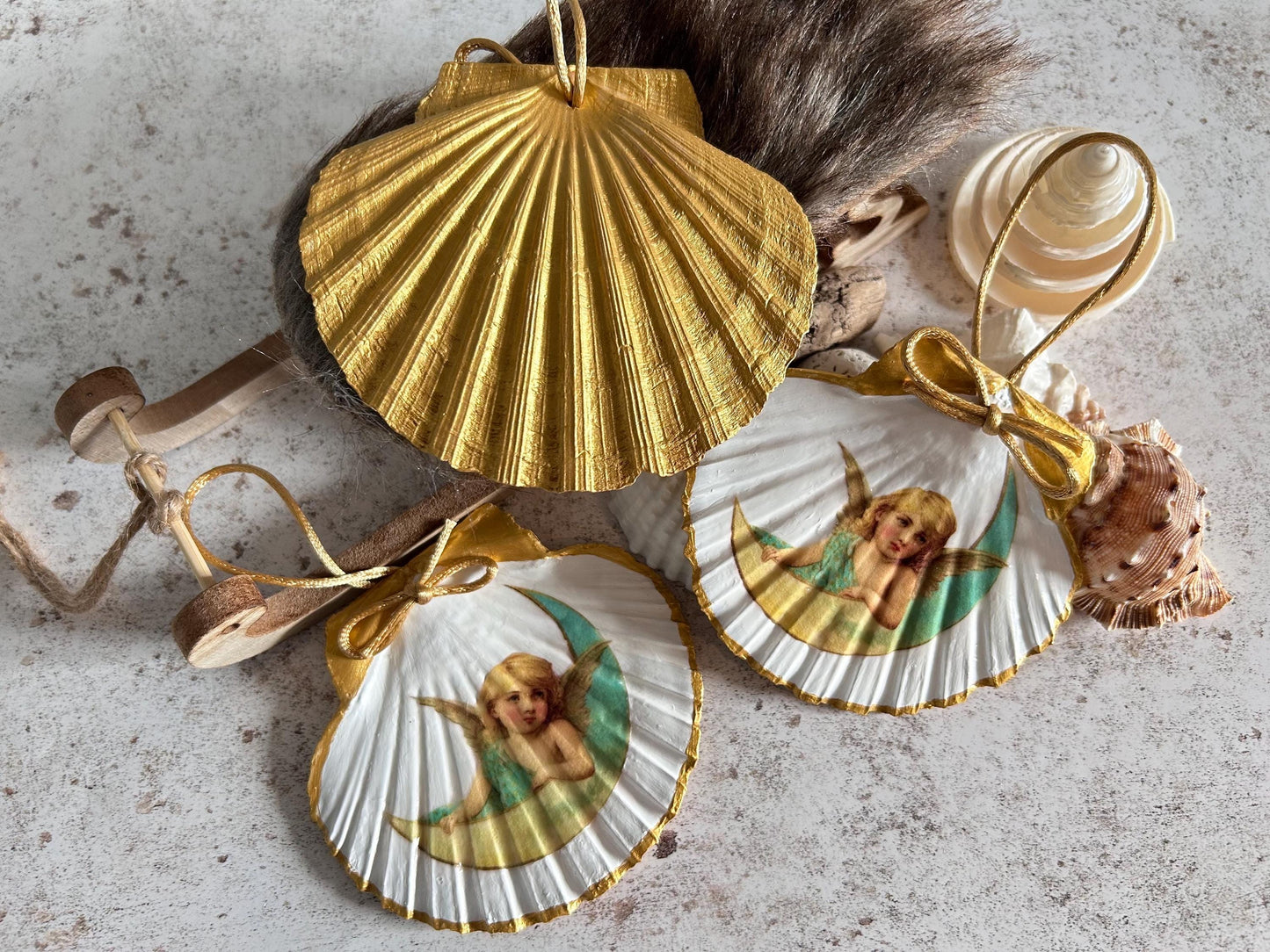 Christmas Angel Decoration. Natural Scallop Shell Hanging Ornament.