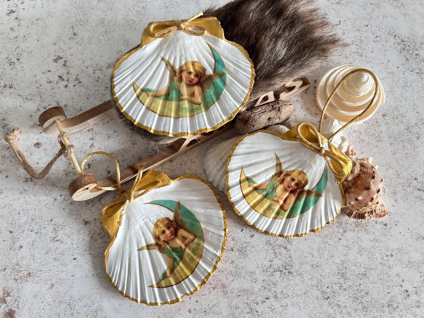 Christmas Angel Decoration. Natural Scallop Shell Hanging Ornament.